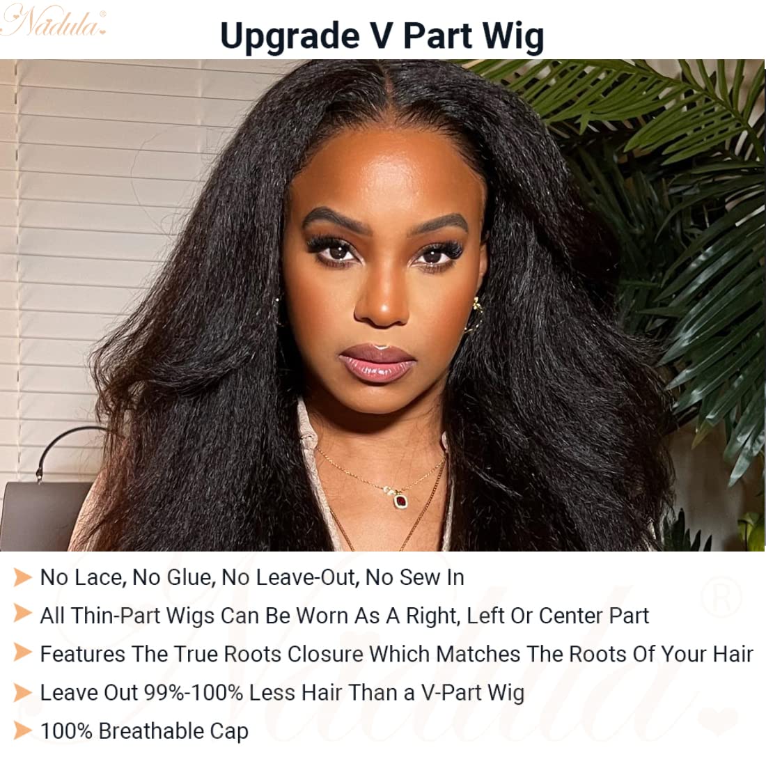 Nadula V Part Kinky Straight Wig Human Hair Glueless No Leave Out Upgraded U Part Wigs for Women,Yaki Straight V-part Wigs V Shape Clip in Half Wig No Glue Wear and Go 150% Density 20inch