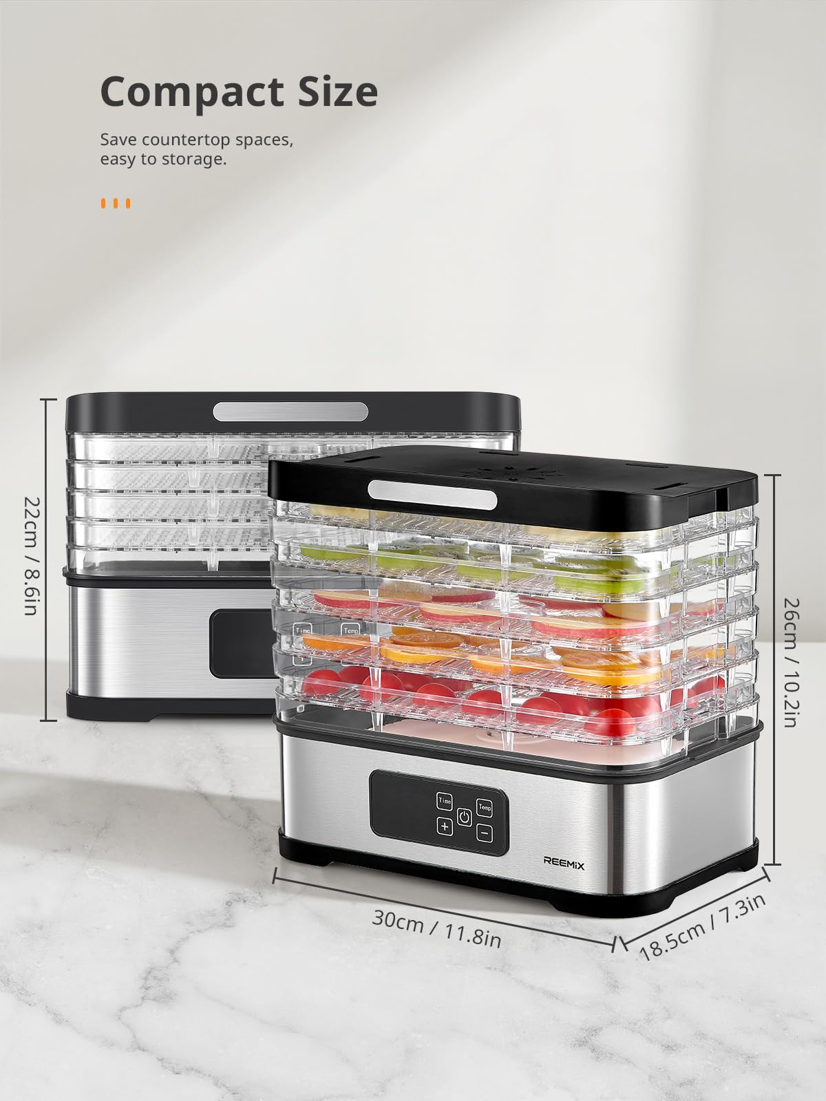 Reemix 5-Tier Compact Food Dehydrator - BPA-Free Trays, Stainless Steel Base, Touch Control LCD Display for Temperature/Time Adjustment, Home Use Dryer for Fruits, Veggies & Jerky