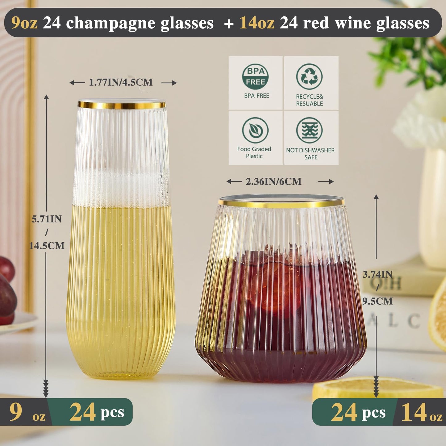 Lueumxc 56 Pack Plastic Wine Glasses Disposable Ribbed gold Champagne Flutes, 32 Pcs 9 OZ Stemless Champagne Flutes & 24 Pcs 14 OZ Disposable Wine Glasses, BPA-Free