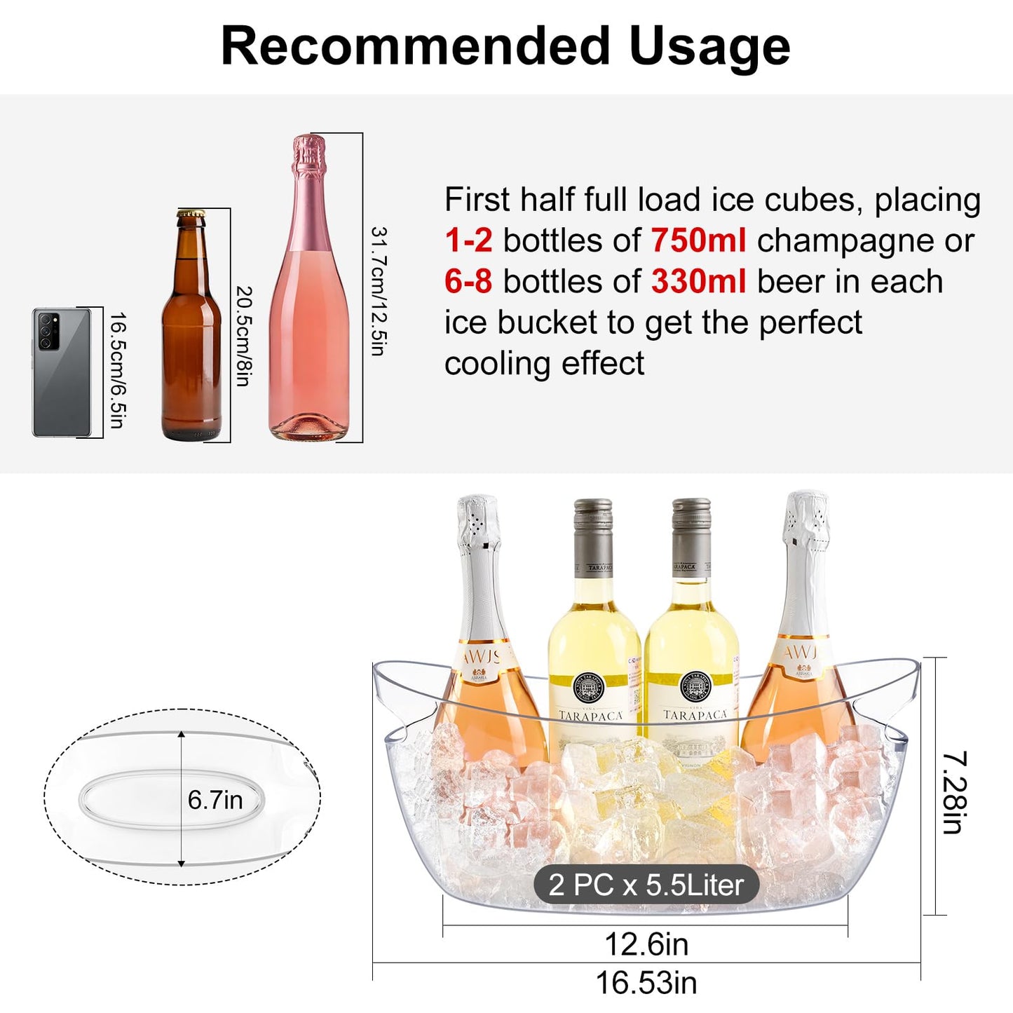 5.5L Ice Buckets for Parties 2-Pack, Clear Acrylic Drink Cooler Set with 2 Scoops & Metal Wine Opener, Beverage Tub Champagne Bucket for Cocktail Mimosa Bar, Beer, Wine (16.5" x 7.3" x 6.8")