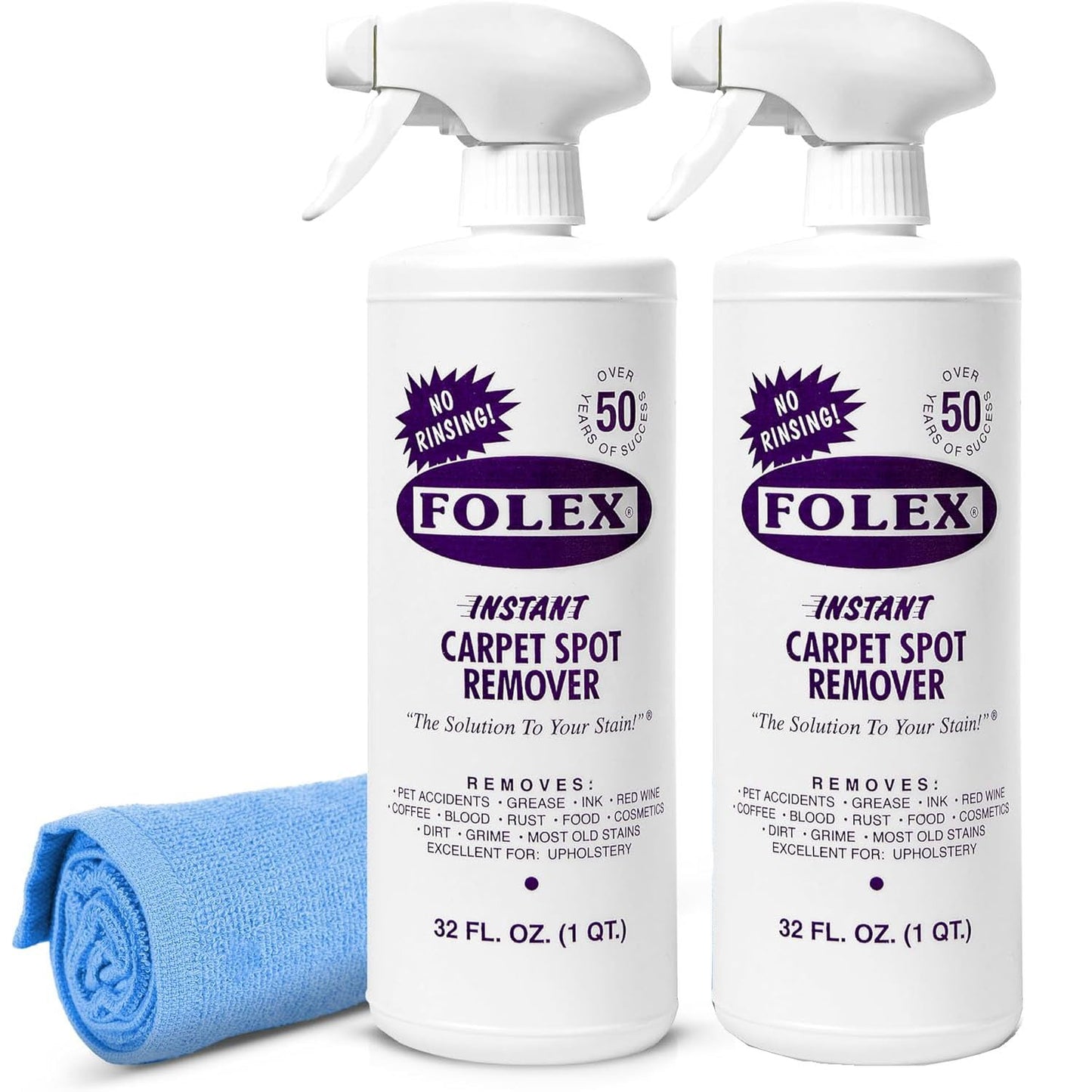 FOLEX Instant Carpet Spot Remover 32 oz – Powerful Stain Remover for Carpets, Upholstery & Rugs – Eliminates Pet Stains, Grease, Red Wine, Food, Makeup & More – With Reusable Cleaning Cloth - 2 Pack