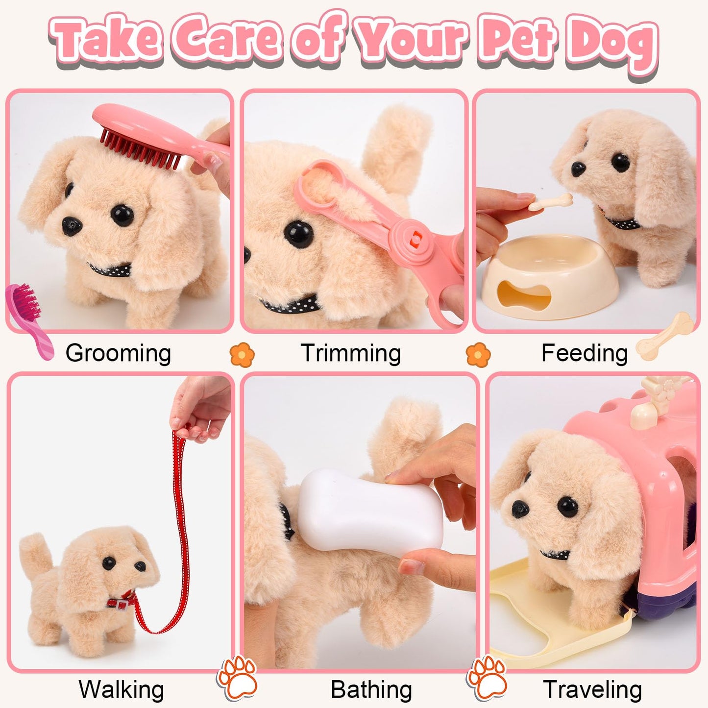 G.C 13Pcs Pretend Play Dog Toys for Kids Girls Toddlers 3 4 5 6, Electronic Interactive Walking Barking Plush Toy Dog Realistic Puppy with Carrier & Accessories Pet Care Playset Gifts for Little Girls