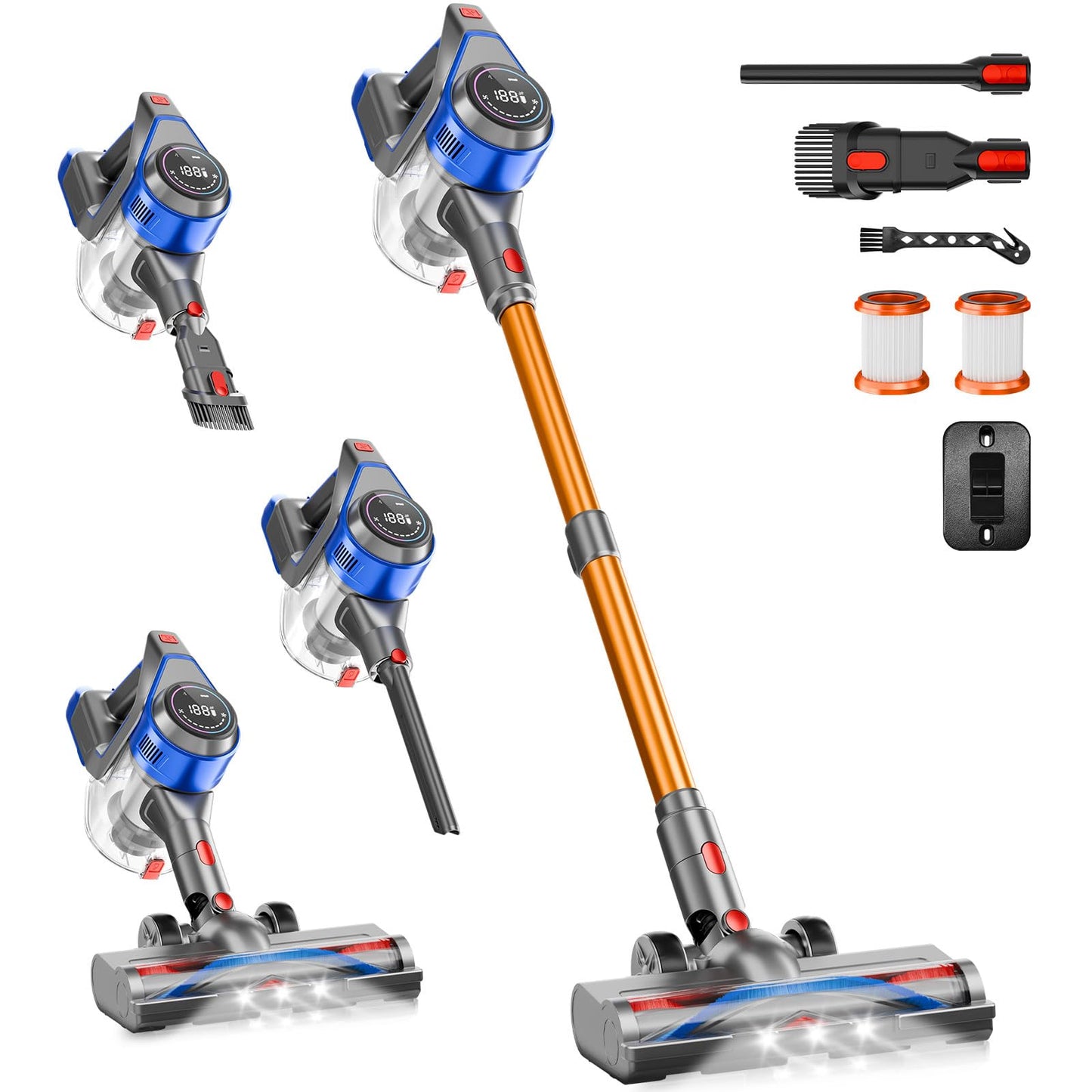 BSNAW Cordless Stick Vacuum Cleaner - Rechargeable, 35Kpa Powerful Vacuums with Detachable Battery, LED Display, 45Mins Runtime, 8 in 1 Handheld Vacuum for Hardfloor & Carpets Pet Hair, Blue