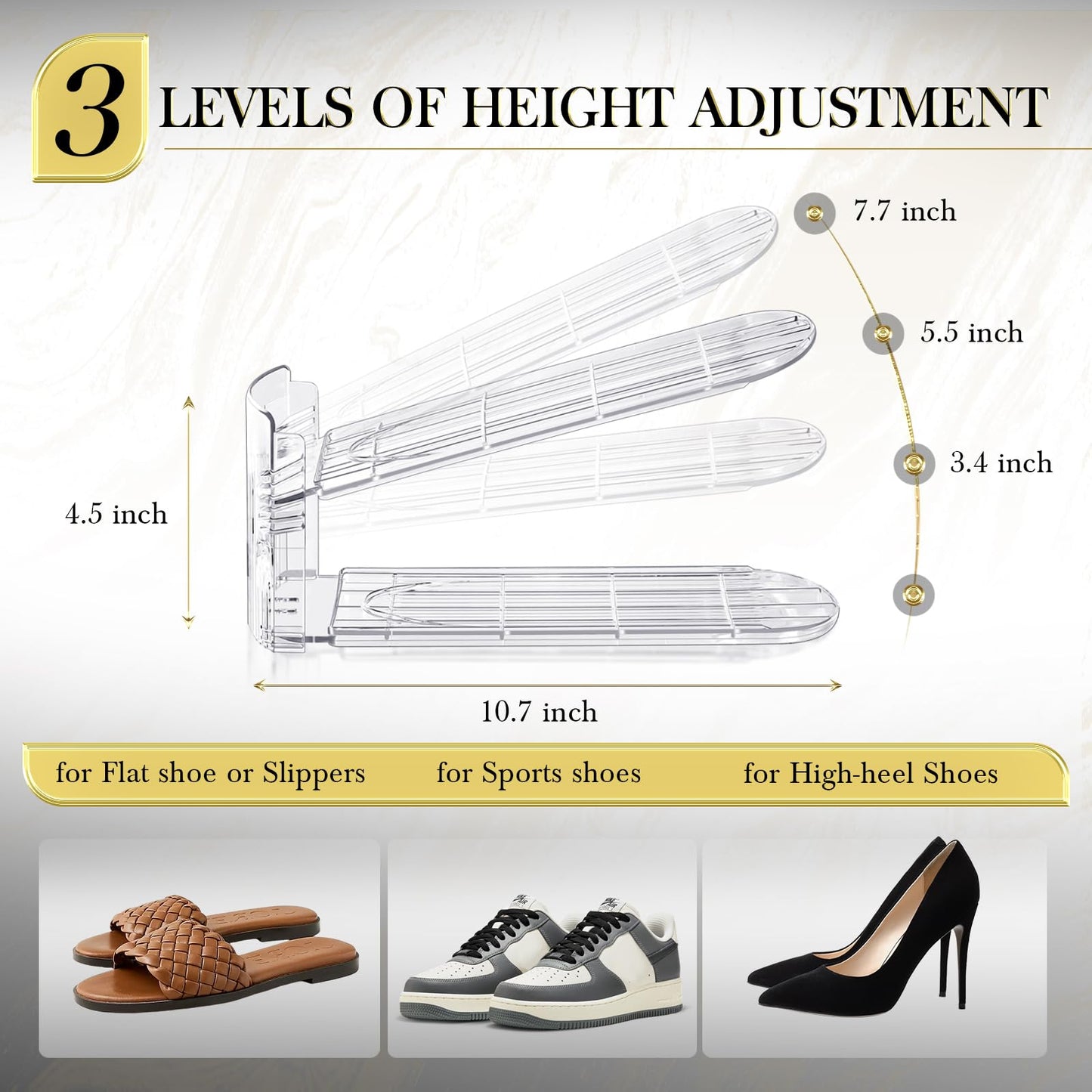 Tgzwme Shoe Slots Organizer 20 Pack - Shoe Stackers, 3 Levels Adjustable, Space Savers 50%, Double Layer Holders for Closet (Transparent), Organizador de Zapatos