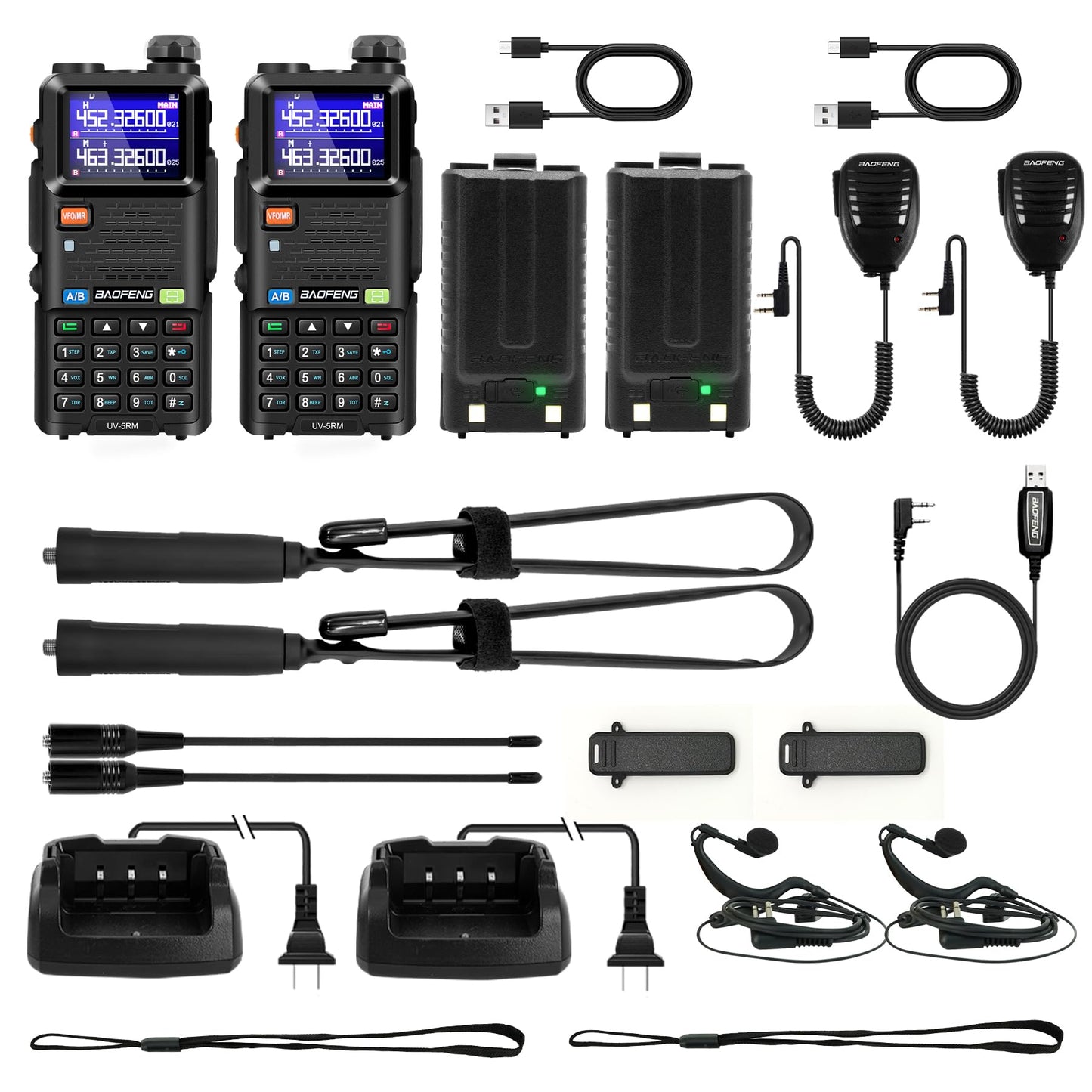 BAOFENG 5RM Ham Radio 10W Long Range Handheld NOAA Weather Receiver 2500mAh Battery UV-5RM Radio with Programming Cable,Speaker Mic,Tactical Antenna,Type-C Charging,2Pack