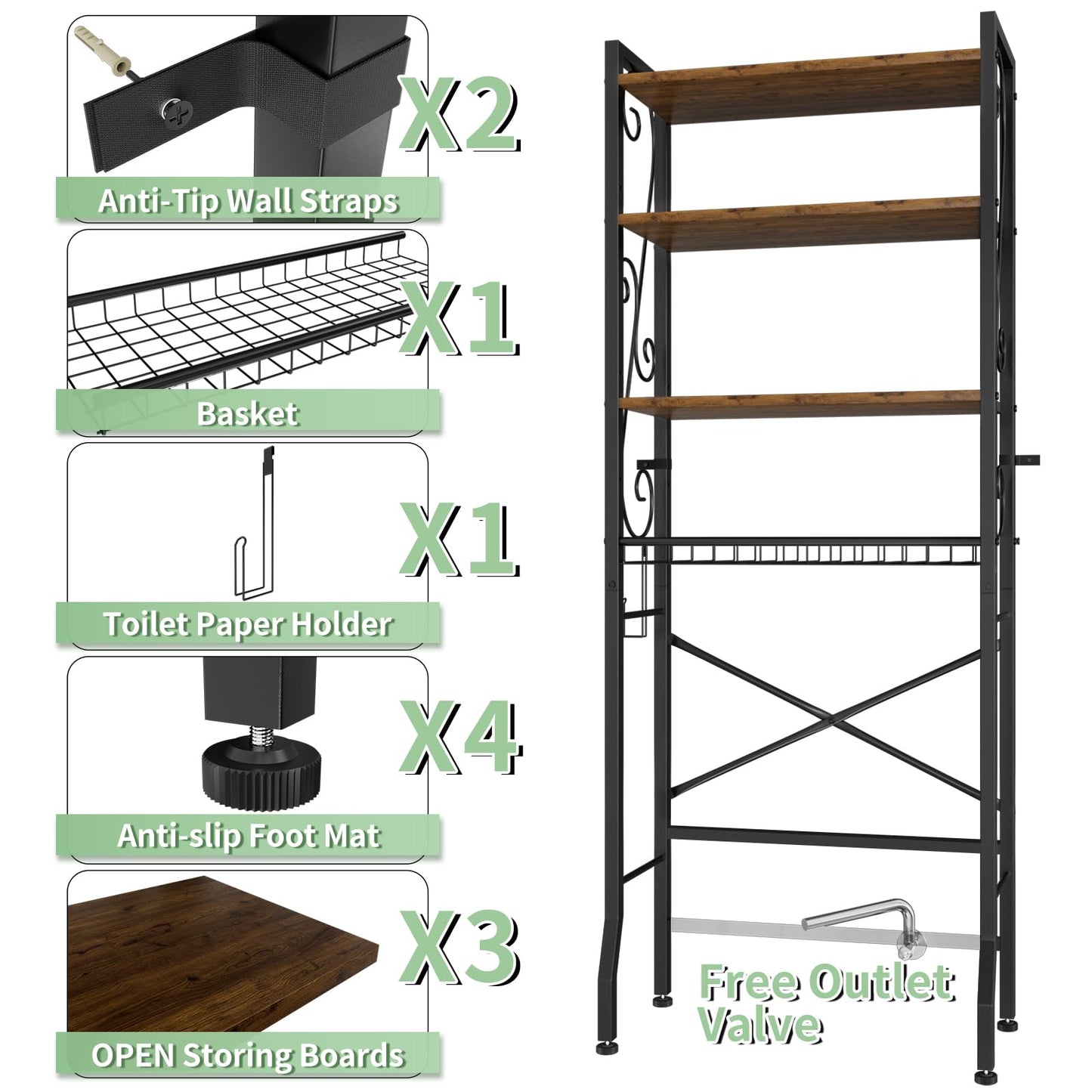 Over-The-Toilet Storage Rack 4-Tier,Bathroom Organizer Shelf Over Toilet,Adjustable Wooden Shelves and Basket,Freestanding Above Toilet Shelf,Space Saver for Rooms(Black Rack-Rustic Brown Shelves)