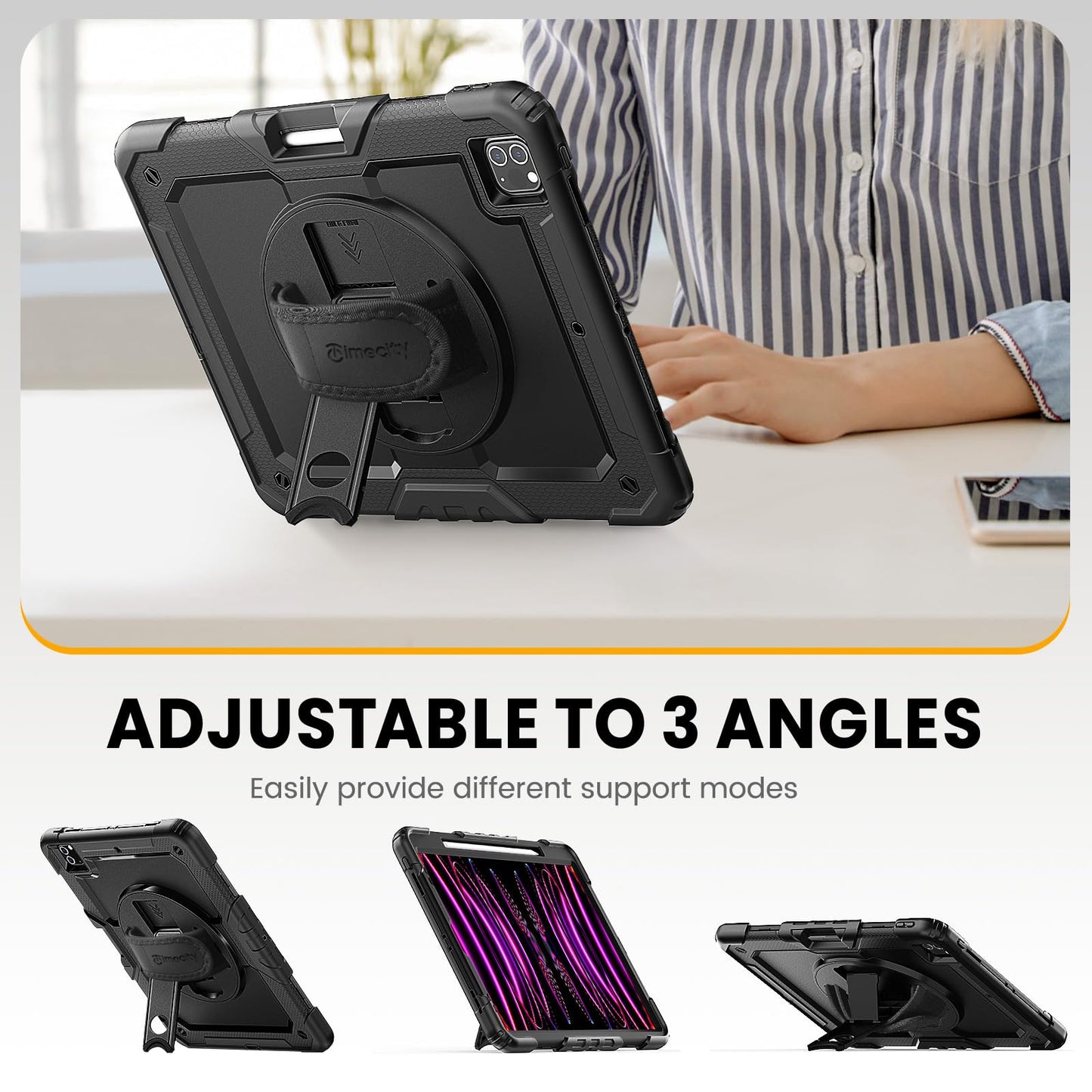 Timecity Protective Case for iPad Pro 12.9 inch 6th/ 5th/ 4th/ 3rd Generation, with Strong Protection, Screen Protector, Hand/Shoulder Strap, Rotating Stand, Pencil Holder - Black