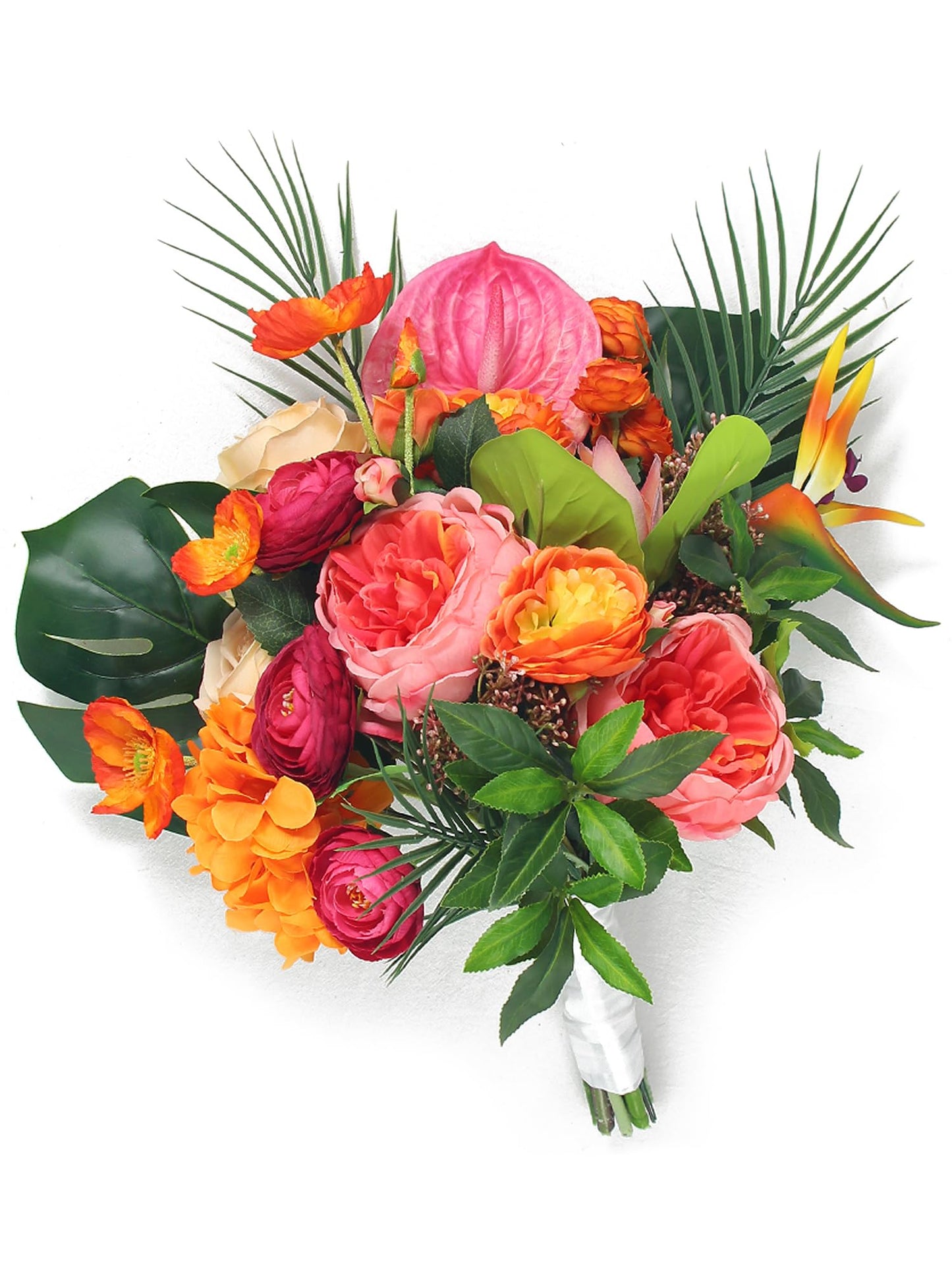 Rinlong 14.5" Wide Tropical Wedding Bouquets for Bride Orange Hot Pink Bridal Bouquet for Wedding Artificial Flowers Bouquets Beach Wedd