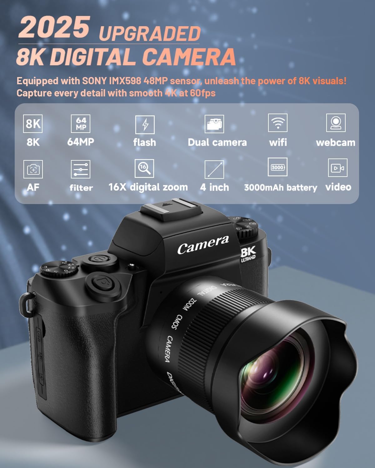 8K 64MP Digital Camera for Photography, Vlogging Camera with Autofocus, WiFi, 4 Inch Touchscreen, 16X Digital Zoom, 3000mAh Battery, Dual-Lens, Lens Hood, 32GB TF Card and Flash,Black