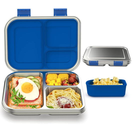 BABHAMNESS Stainless Steel Bento Box Kids, 3 Compartments Leak Proof Metal Bento Lunch Box, 304 Stainless Steel Bento Lunch Containers for School and Office,Dishwasher Safe, BPA-Free-Blue