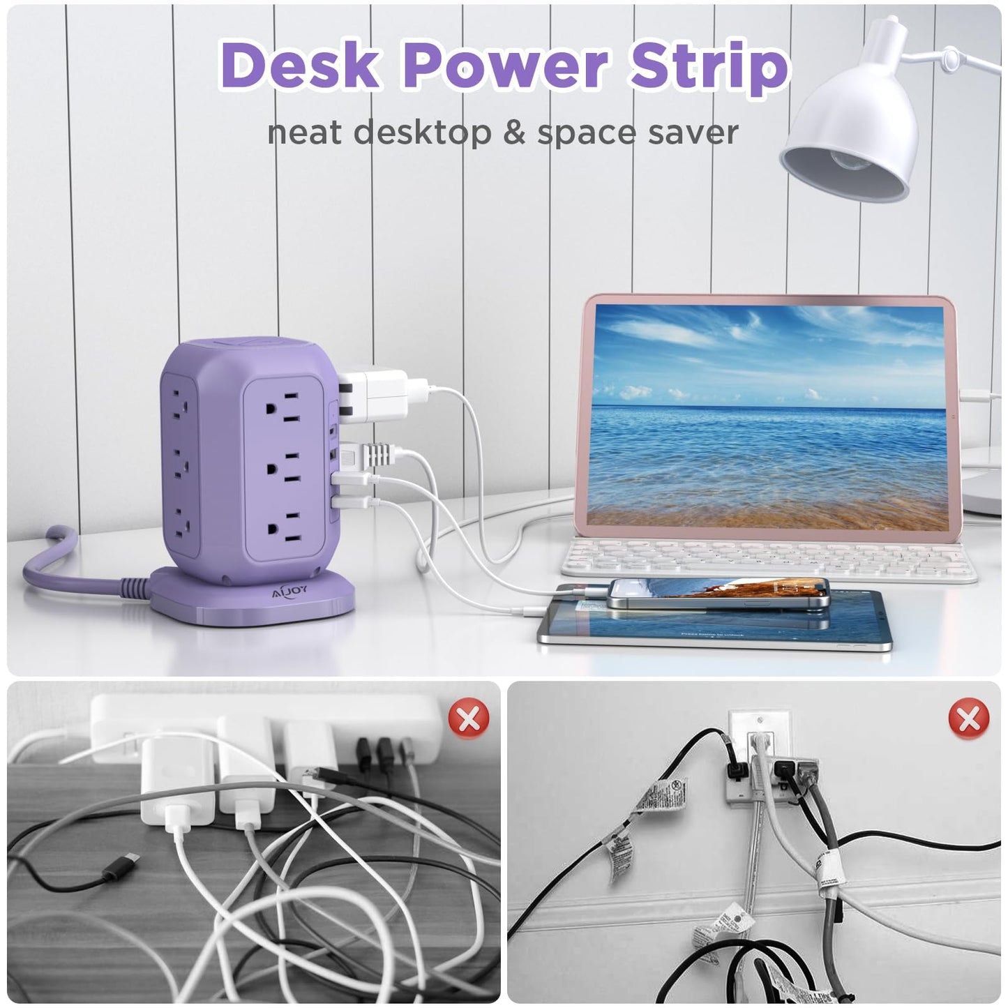 USB C Power Strip Tower, Surge Protector with 12 AC Outlet and 4 USB Ports, AiJoy 10 FT Extension Cord, 1200J Power Strip Surge Protector, USB Charging Station, Office Supplies, Dorm Essentials, Woman