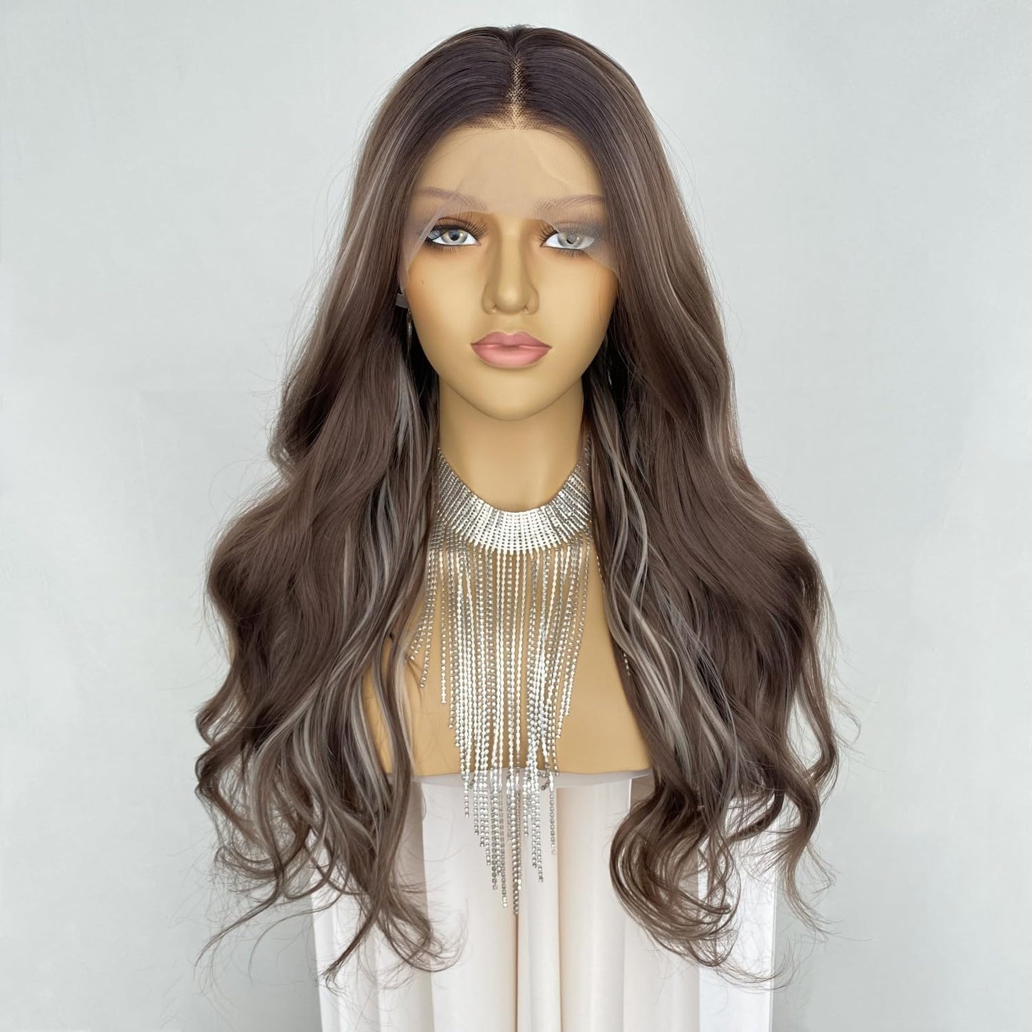 CIMITIKI Flaxen Brown Colour Lace Front Wigs Highlight Ash Blonde Hair 13x4 Long Loose Wavy Ombre Synthetic Fiber Wig 22Inch for Women