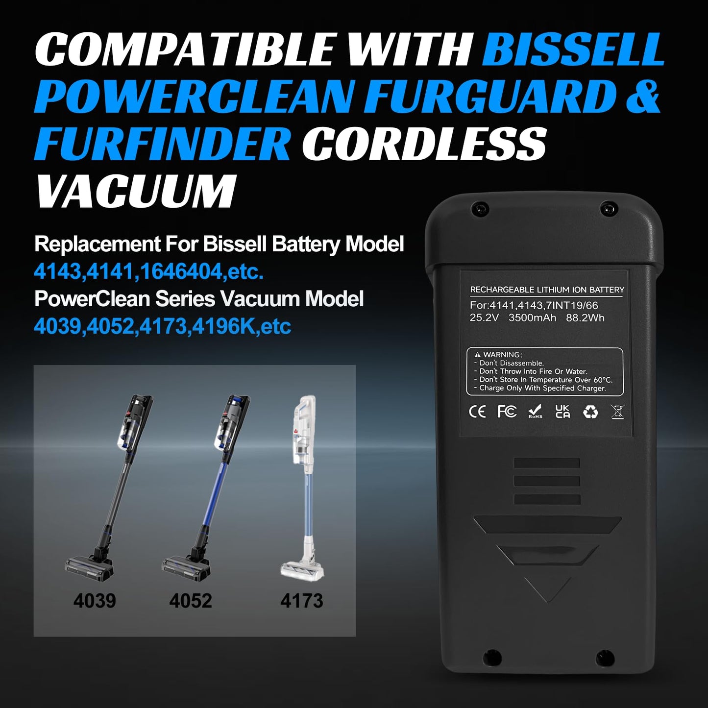 Battery for Bissell PowerClean FurGuard & FurFinder & DualBrush Cordless Vacuum, Replacement for Battery 4143,4141,1646404, Compatible wtih Bissell PowerClean Series Vacuum 4039,4052,4173,4196K,etc