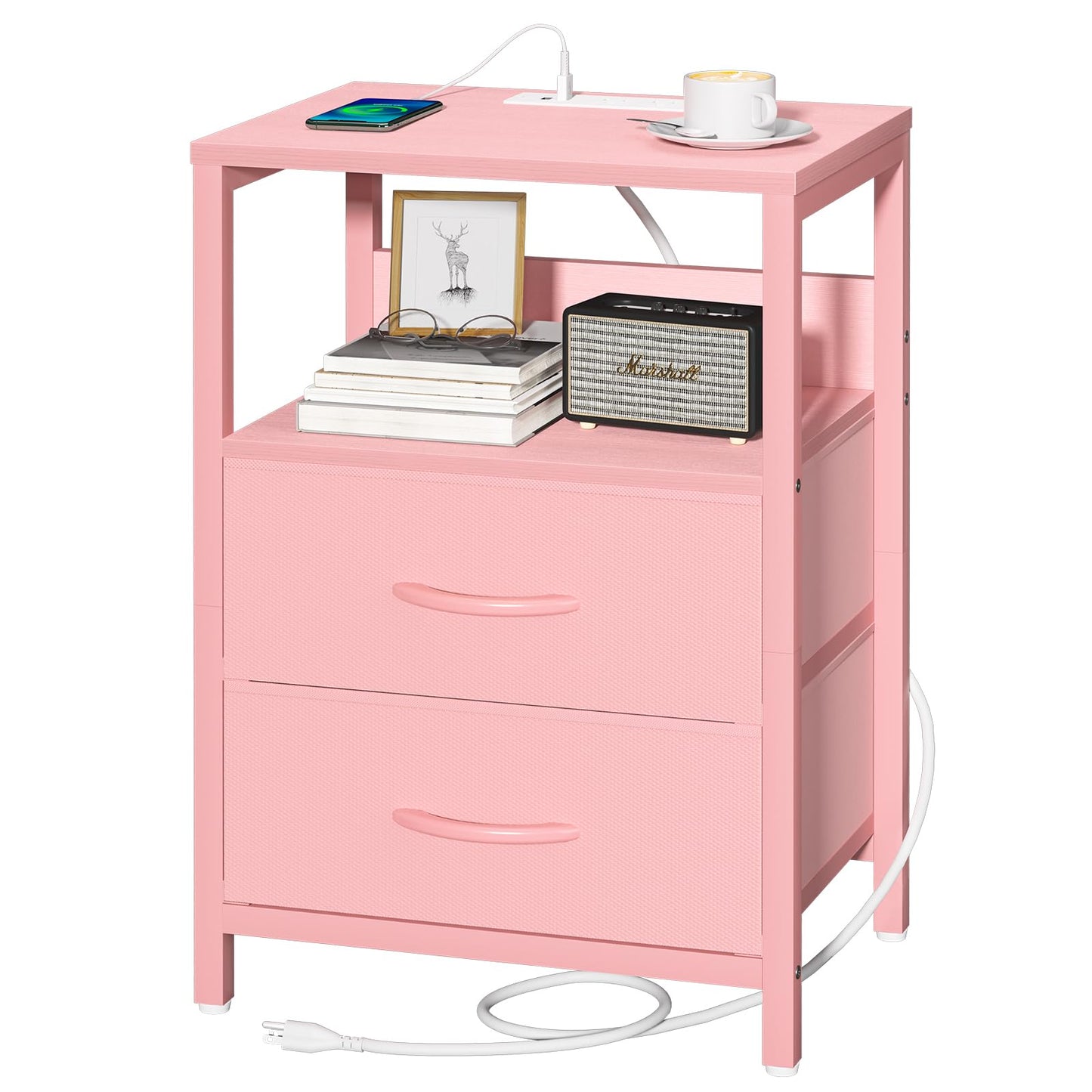 Yoobure Nightstand with Charging Station, Small Night Stand with Fabric Drawers and Storage Shelf for Bedrooms, Nightstands for Small Spaces, Bedside Table with USB Ports & Outlets Bed Side Table