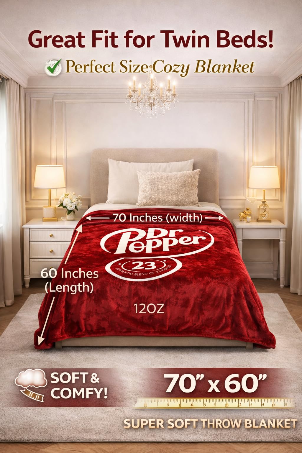 RMKA Dr Pepper Blanket 70x60 – Soft Thermal Flannel Fleece Throw, Soda Can Stuffed Plush Red Blanket for Couch, Bed, Car & Travel – Fun Home Decor Gift for Soda Fans.