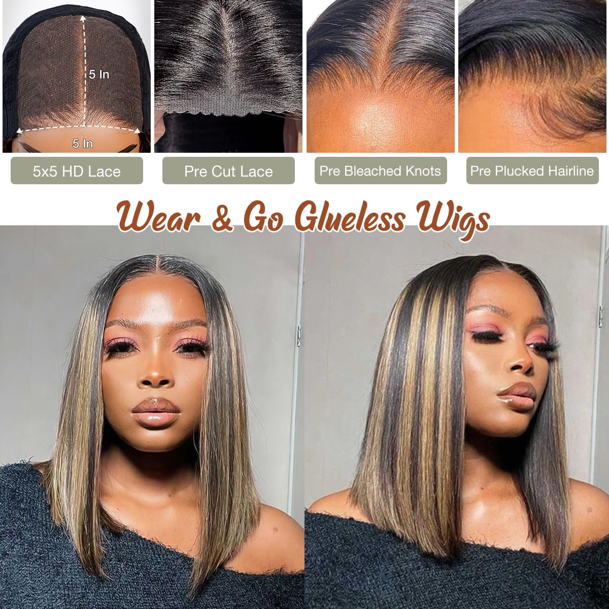 Amuopz Highlight Glueless Wig Human Hair Pre Plucked Pre Cut P1b/27 5x5 HD Lace Closure Bob Wigs Glueless Wear and Go Colored Ombre Straight Lace Front Human Hair Wig for Black Women 12 IN