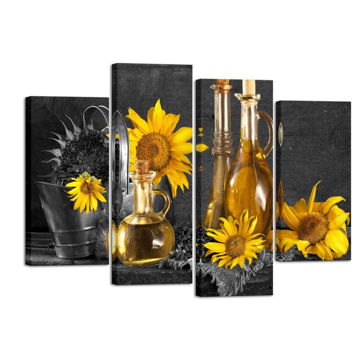 Biuteawal- 4 Panel Black and White Canvas Wall Art Wine with Yellow Sunflower Picture Painting Print Still Life Artwork for Home Dining Room Living Room Wall Decor Framed and Easy Hanging