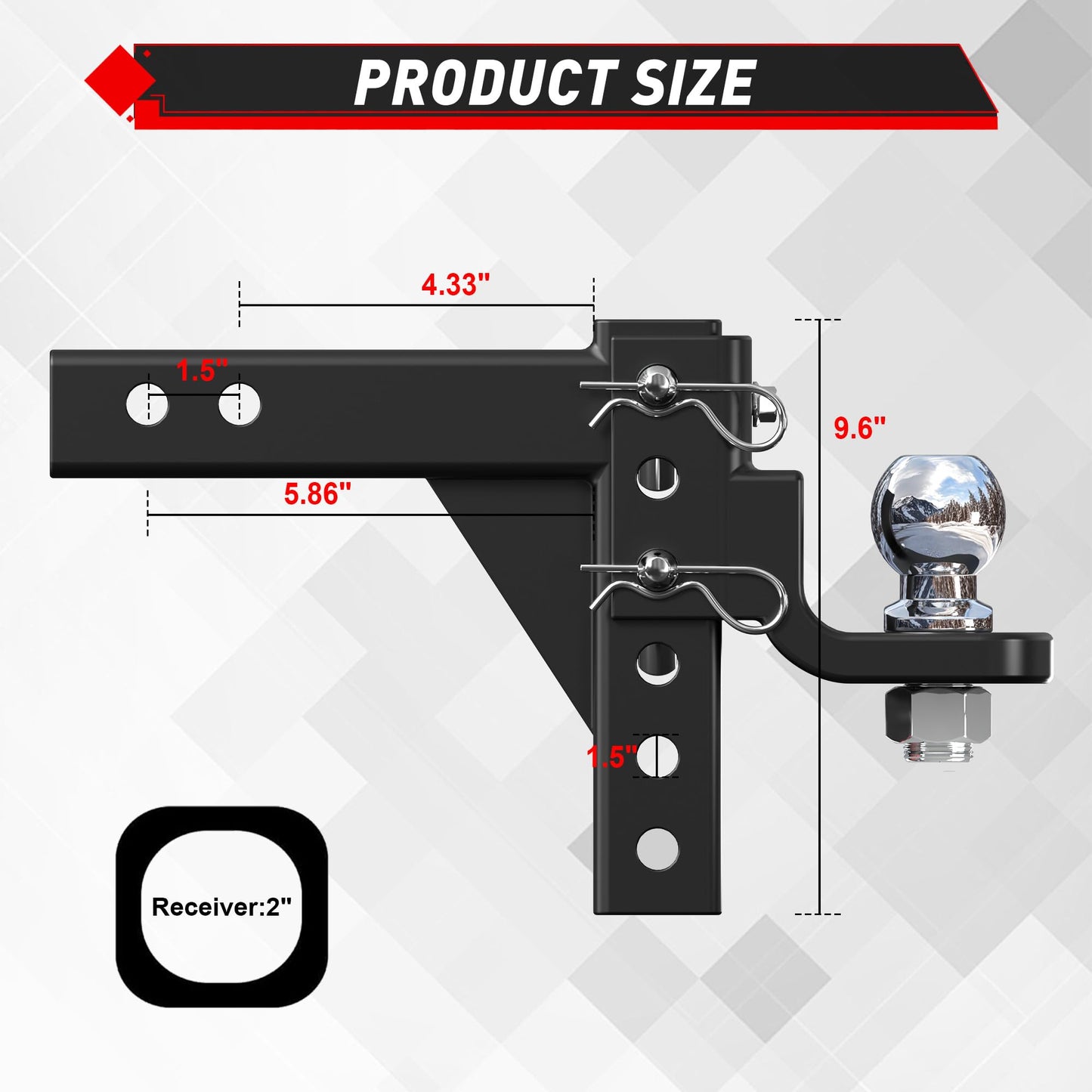 TYT Adjustable Trailer Hitch Ball Mount, 2" Towing Ball 7500 LBS, 9-1/2" Drop and 8-1/4" Rise, Fits 2-in Receiver with 2 Pin&Clips and 5/8" Premium Pin Lock for Heavy Duty Truck