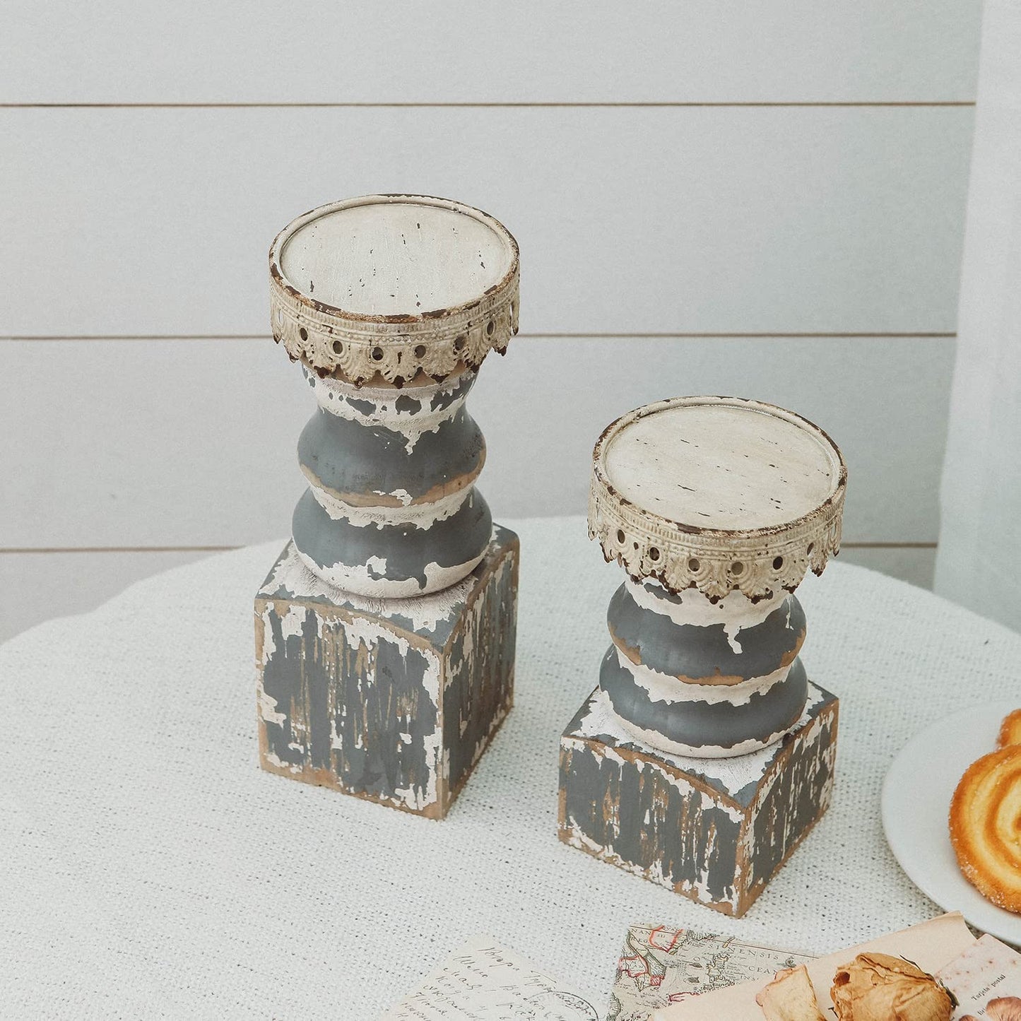 NIKKY HOME Farmhouse Pillar Candle Holder Set of 2 - Rustic Wood Decorative Candlesticks Pedestal, Centerpieces Decor for Fireplace Mantle Coffee Bar Dining Table, Distressed Grey