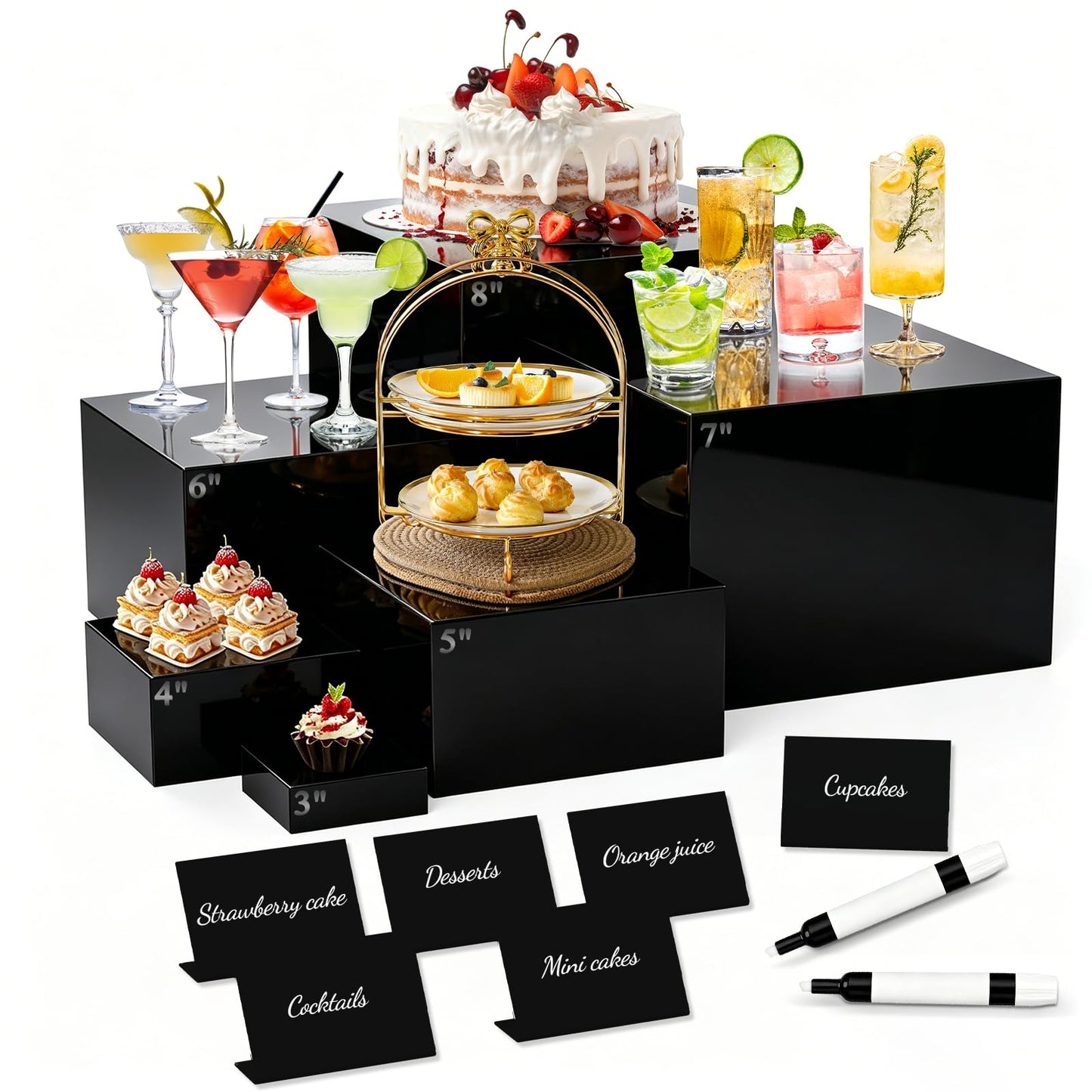 6 Pcs Buffet Risers with Mini Sign and Maker, Black Food Risers Display Stand for Buffet Table Party Catering Dessert Jewelry Collectibles, Nesting Cube Boxes with Hollow Bottoms (8",7",6",5",4",3")