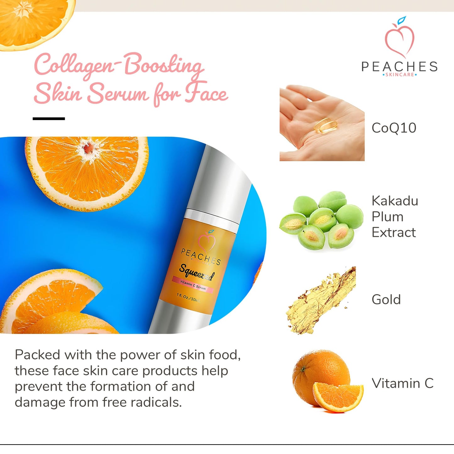 Vitamin C Face Serum (1 oz) - Age-Defying Brightening Serum with Real Gold, Kakadu Plum Extracts - Vegan Facial Serum - Vitamin C Serum For Face Elasticity - Squeezed Vitamin C Serum
