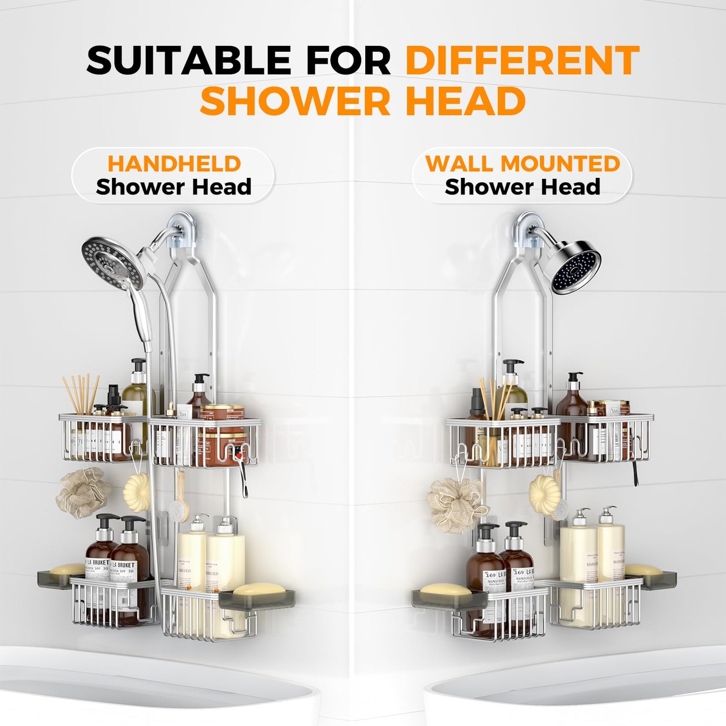 REINHARDT Aluminum Shower Caddy Hanging Adjustable Shower Caddy, Rustproof Hanging Shower Organizer with Hooks Soap Holders, Over Shower Head Caddy for Handheld Showerhead, Silver