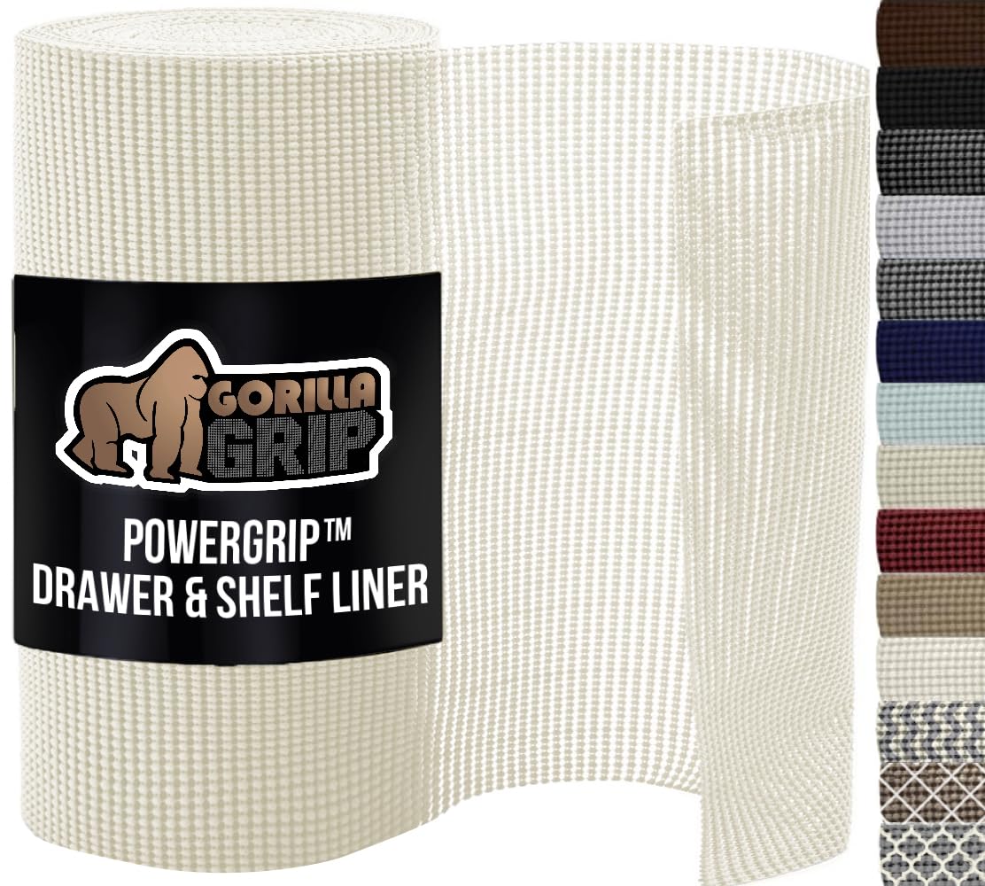 GORILLA GRIP powerGRIP Drawer Shelf and Cabinet Liner, Thick Strong Hold, Non-Adhesive Liners Protect Kitchen Cabinets and Cupboard, Bathroom Drawers, Easy Install, Breathable Mat, 17.5" x30', White