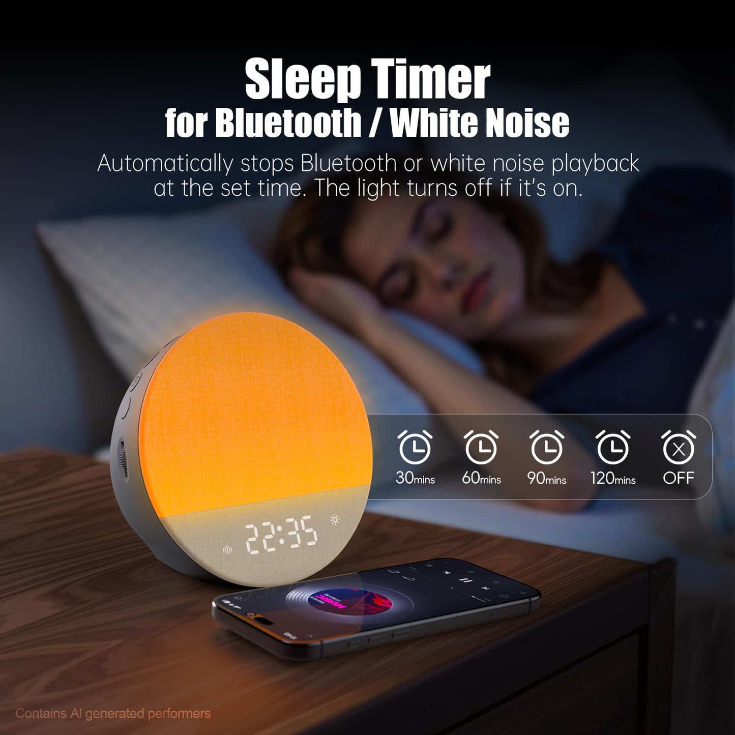 Alarm Clock Sound Machine Sleeping, Sunrise Digital Alarm Clocks Bedrooms, Loud Bluetooth Speaker Alarms Clock 23 White Noise Dual Alarms Snooze 12/24H Night Lights Timer USB Charging Dimmer, White