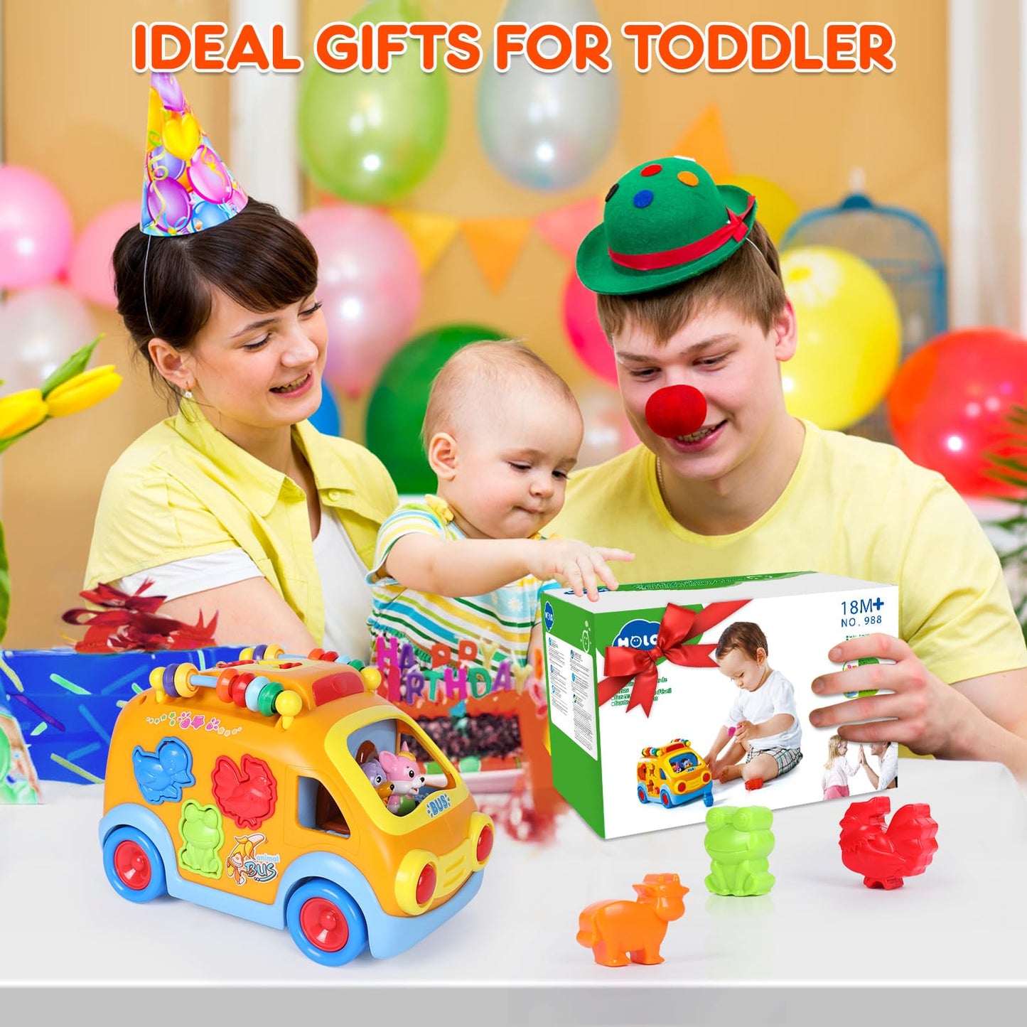 Toy Cars for 1 Year Old Boys Baby Toys 12-18 Months Musical Learning Toys for Toddlers 1-3 Educational Bus with Animal Blocks Birthday Gift
