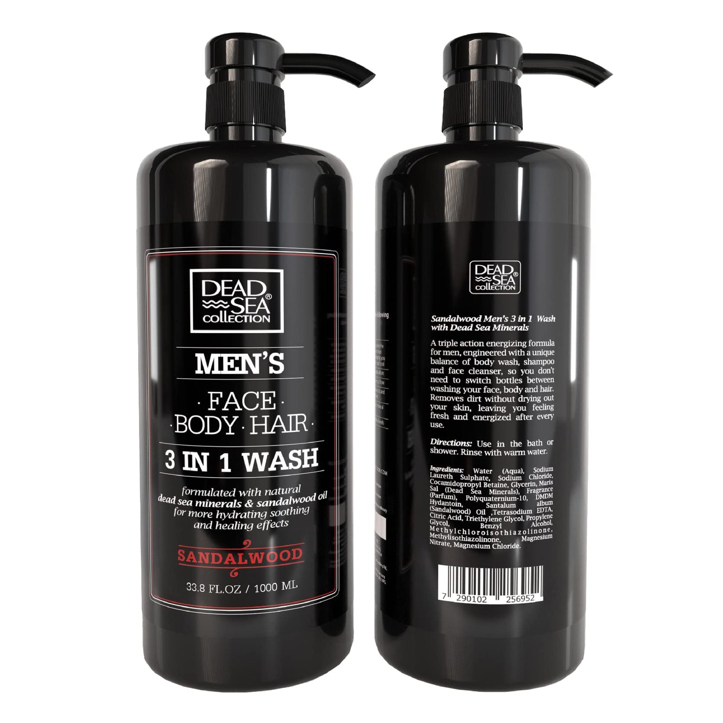 Dead Sea Collection Mens Body Wash 3 in 1 – Sandalwood Body Wash for Men – Shower Gel – Shampoo – Shower Soap for Face and Hair – Pack of 2 Bottles (33.8 Fl. Oz. Each)
