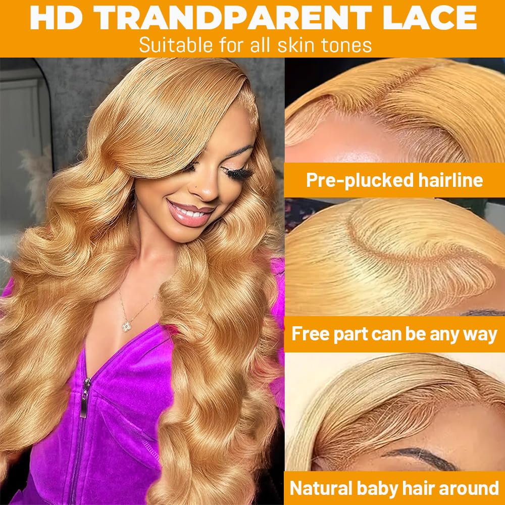 SOSATISFY Body Wave Honey Blonde Wig Human Hair 13x4 Honey Blonde HD Lace Front Wig Human Hair 200% Density 27# Colored Human Hair Wigs Pre Plucked with Baby Hair (20 inch)