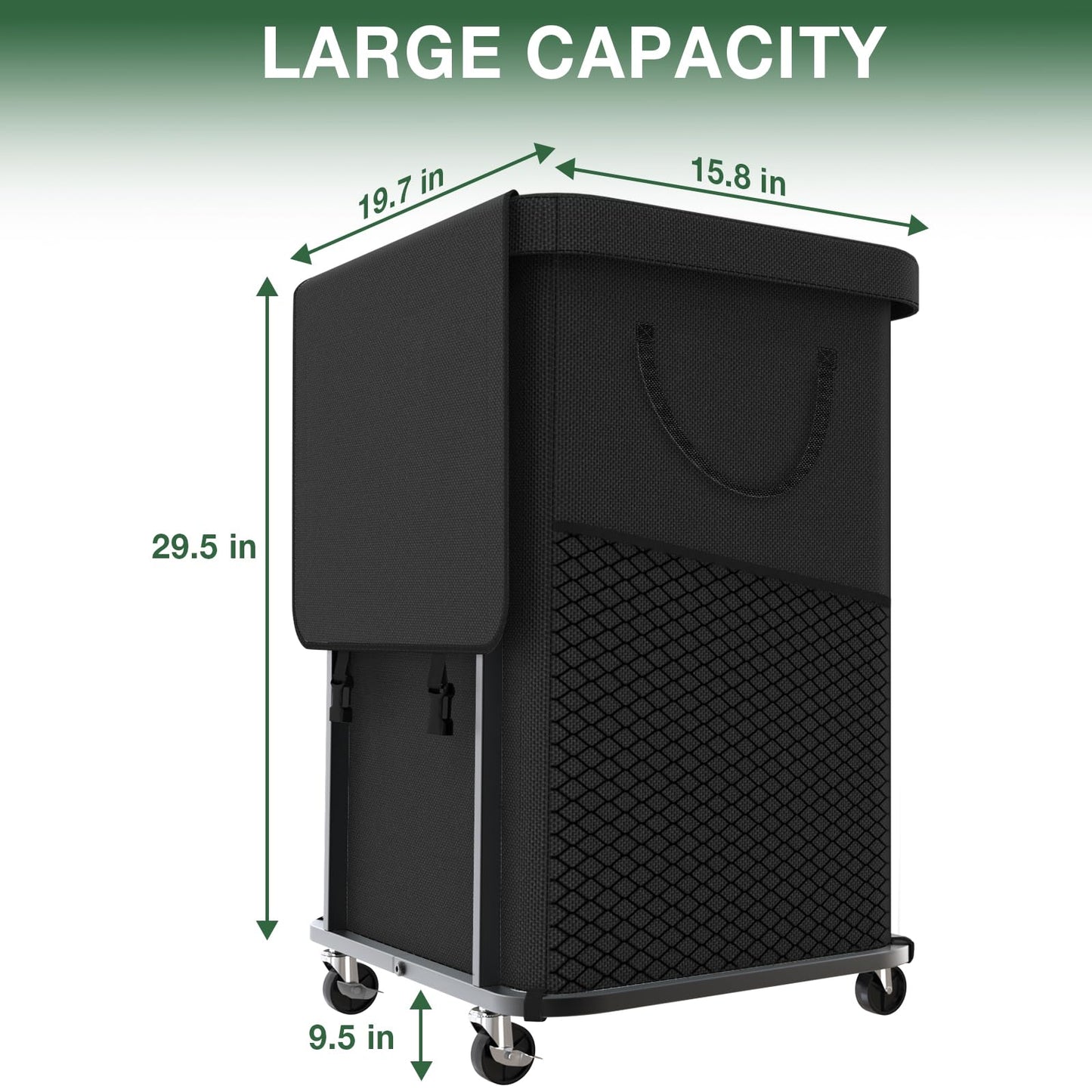 40 Gal(150L) Laundry Basket with Lid, Rolling Laundry Hamper with Wheels, Dirty Clothes Hamper with Metal Frame and Removable Bag Design, Suitable for Laundry Room, Bedroom - Black