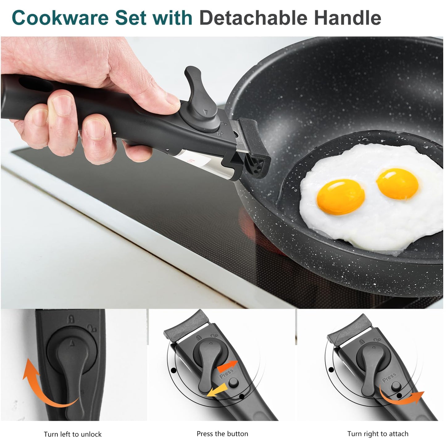 NEWBULIG 12-Piece Nonstick Cookware Set, Detachable Handle Pots and Pans, Induction Compatible Cookware, Dishwasher & Oven Safe, Space-Saving Kitchen Set, Black