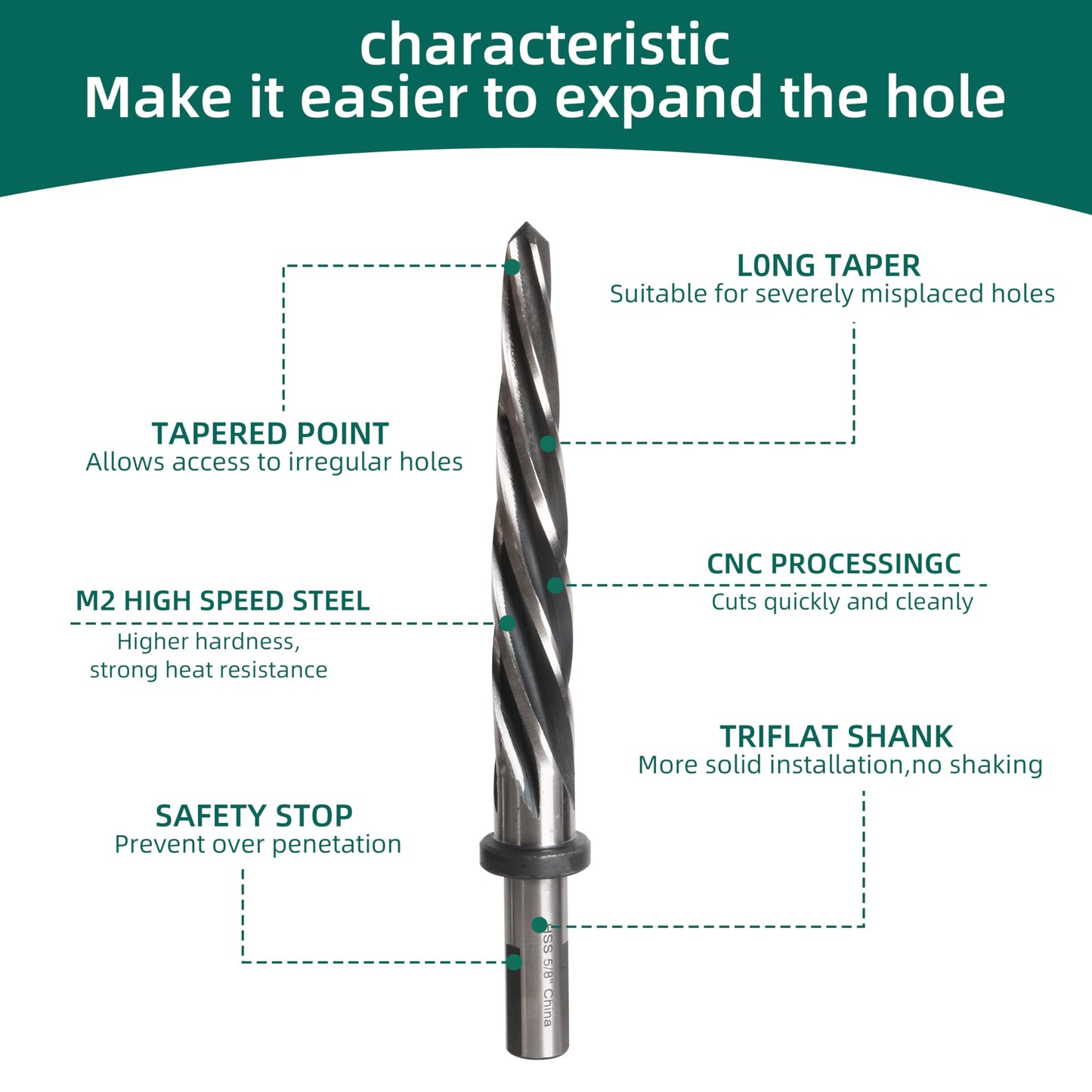 5PCS M2 HSS Taper Chucking Reamer Set 3/8",1/2",5/8",3/4",1 Fit 1/2" Round Shank Construction Reamer Drill Bit Bridge Also for Wood Alloy Steel Metal Align The existing Hole and Expand The Reamer