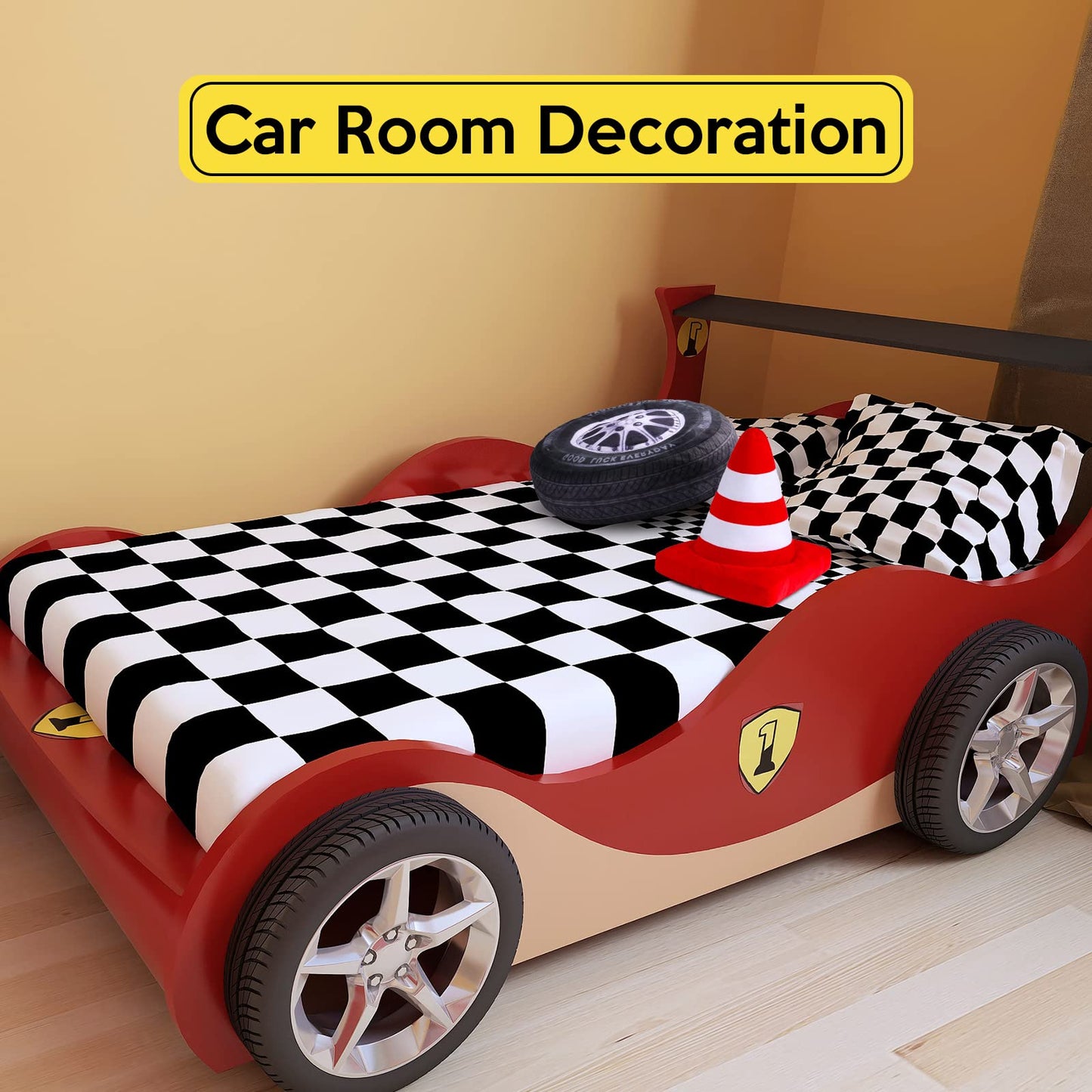 Woanger 2 Pcs Race Car Room Decor Racing Plush Throw Pillow Set Gift 15.7 Inch Soft 3D Simulation Wheel Pillow Funny Tire Cone Traffic Light and Stop for Valentines Bedroom Decorations(Traffic Cone)