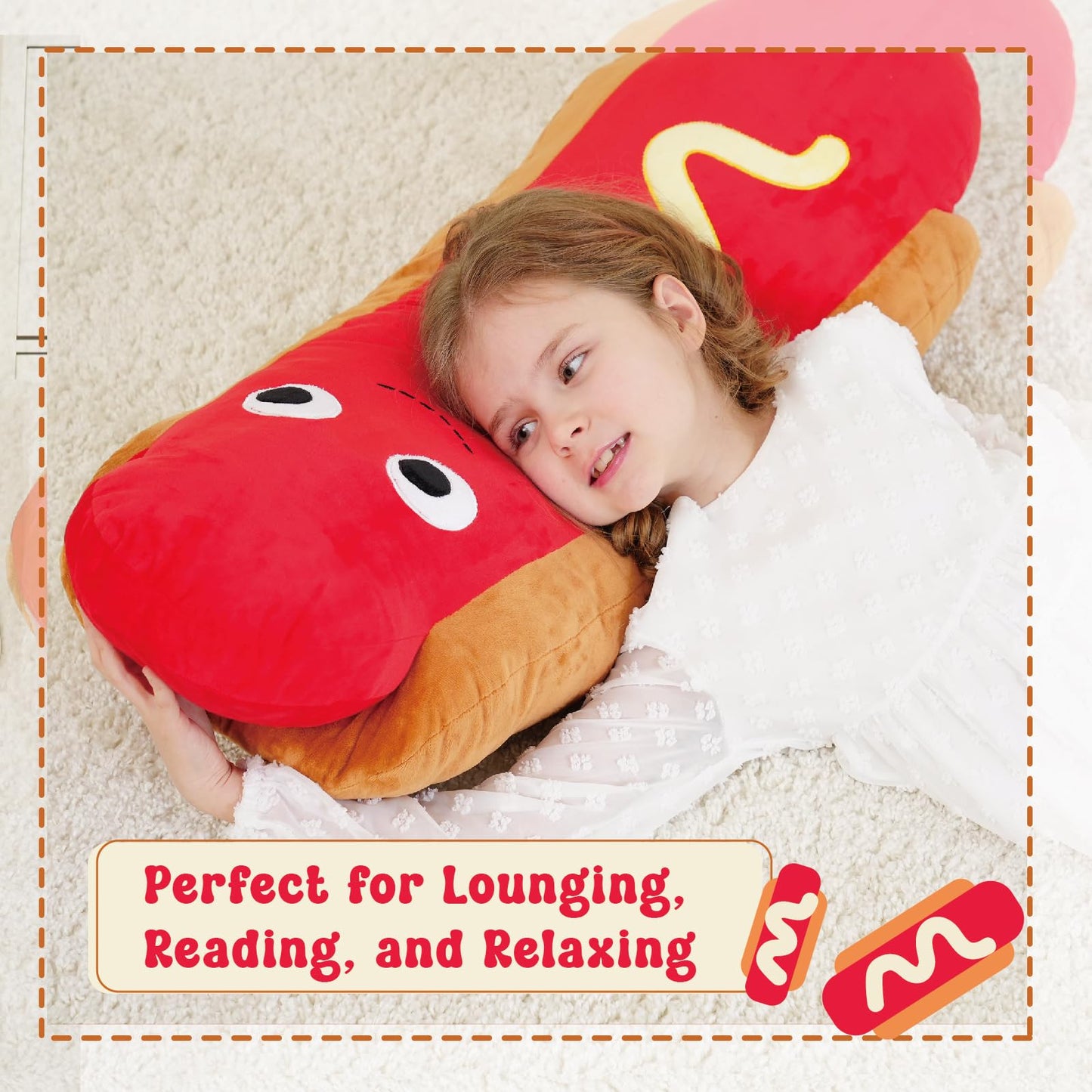 Zctghvy Giant Hot Dog Plush Pillow – 35 Inch Funny Food Plush Toy, Soft Stuffed Hot Dog Pillow, Oversized Hugging Cushion, Jumbo Plushie for Kids, Birthday