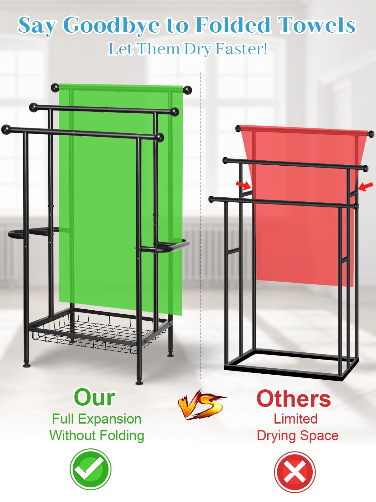 Haturi Free Standing Towel Rack for Bathroom, 3-Tier 39" H Black Metal Towel Drying Rack with Storage Basket, 24.4" L x 13" W x 39" H Rust-Resistant Outdoor Holder for Pool & Oversized Towels