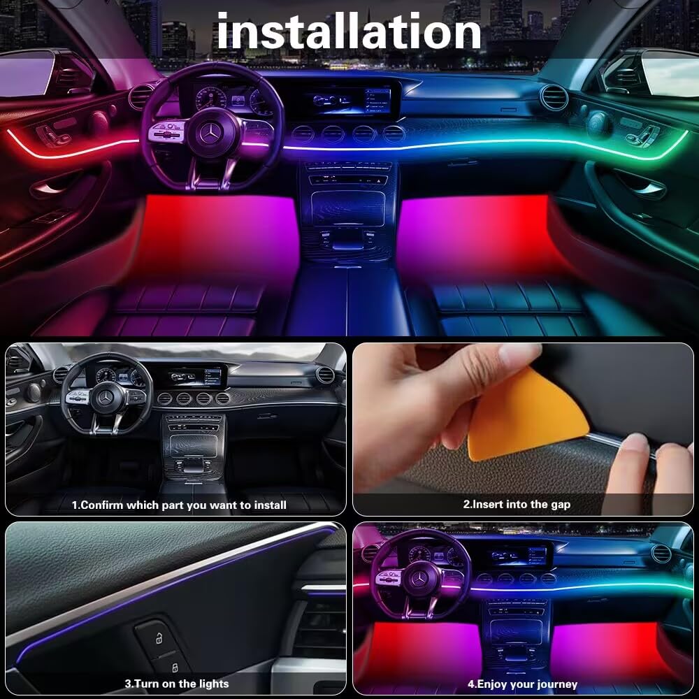 Acrylic Interior Car LED Lights with Remote and Wireless APP 10 in 1,Ambient Lighting Kits Fiber Optic Strip LEDs,16 Million Colors Music&DIY Function
