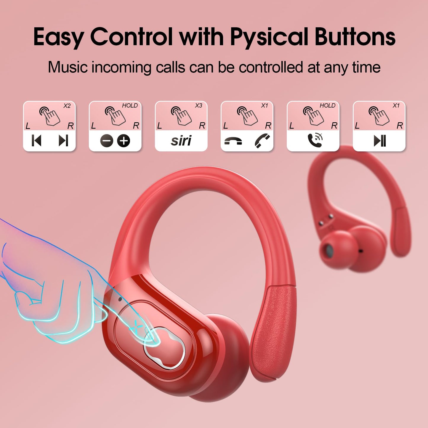Aptkdoe Wireless Earbuds 75hrs Bluetooth 5.4 Headphone Sport, 2025 Bluetooth Earbuds Stereo Deep Bass Over Ear Bud with Earhooks, ENC Noise Cancelling Mic, IPX7 Waterproof Earphone, Red