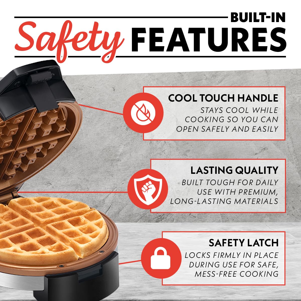 Gourmia Belgian Waffle Maker – Adjustable Browning Control, Nonstick Plates, Ready & Power Indicator Lights, Compact Upright Storage, Cool-Touch Handle