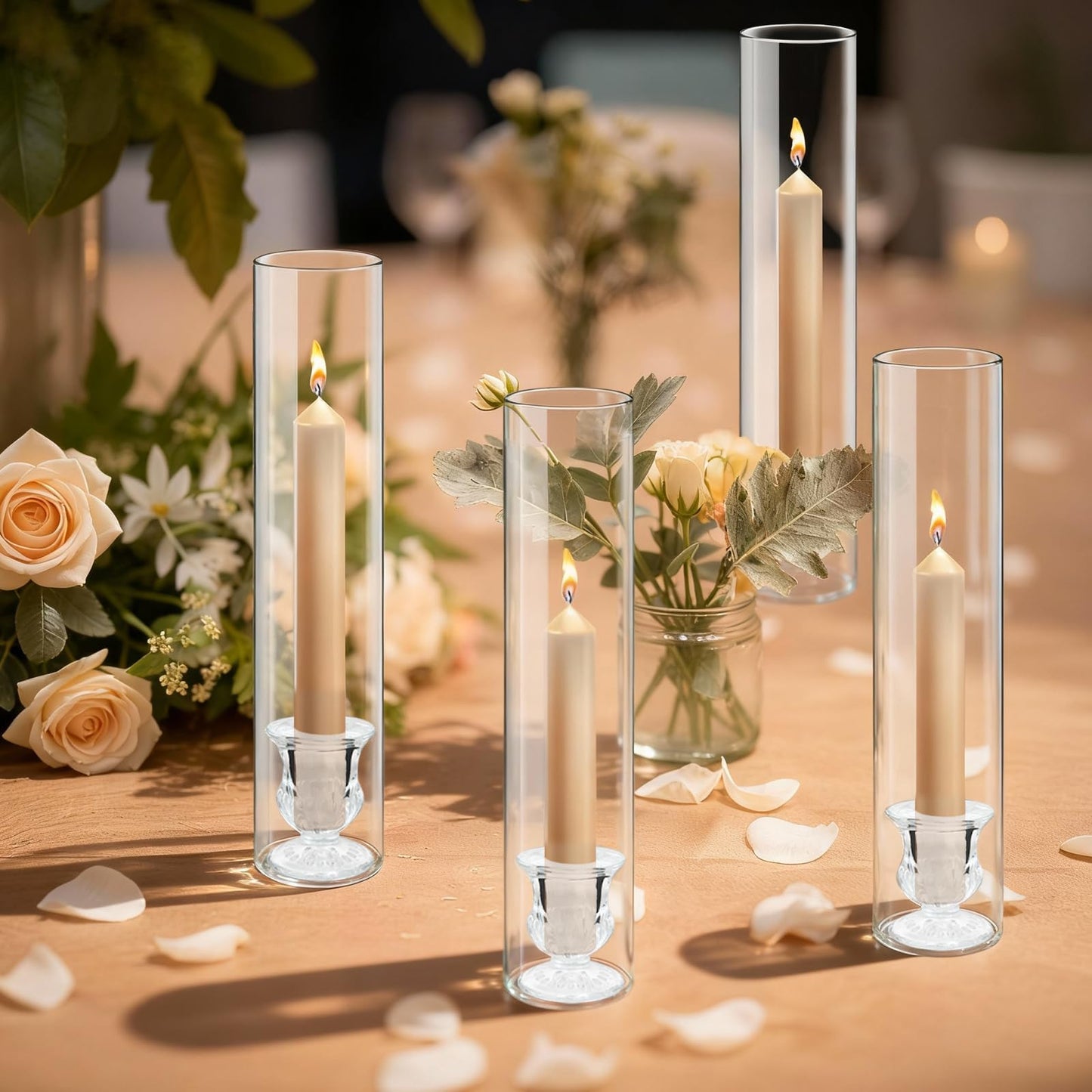 12 Sets Glass Hurricane Candle Holders - 12.6” Glass Candlestick Holders with Clear Tall Cylinder Candle Sleeves for Wedding, Christmas Table Decor (12)