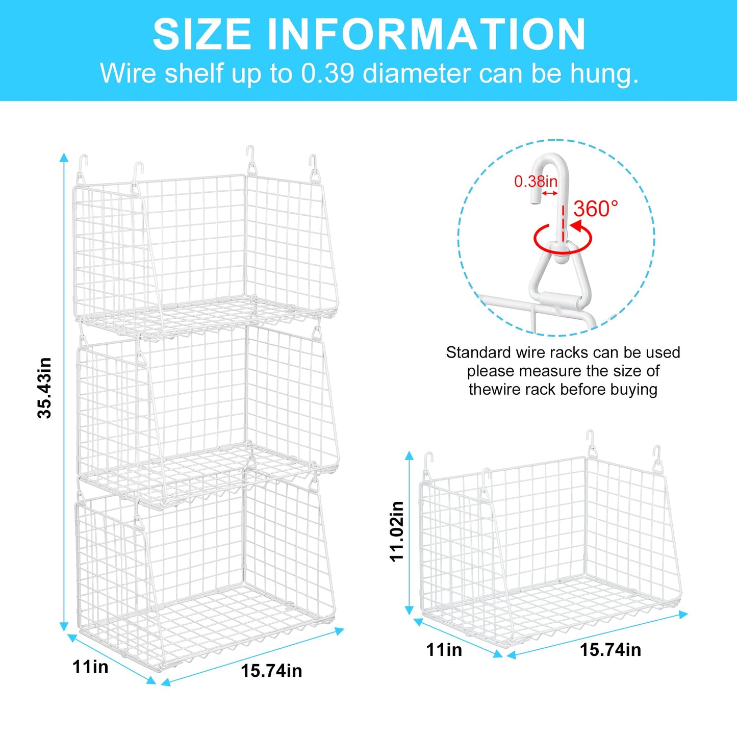 3-Pack Large Hanging Laundry Basket: Wire shelves for Laundry Room Organization with 360°Rotating Hooks Foldable Space Saving Over Washer and Dryer Shelves -Metal Laundry Basket Holder, White Patent