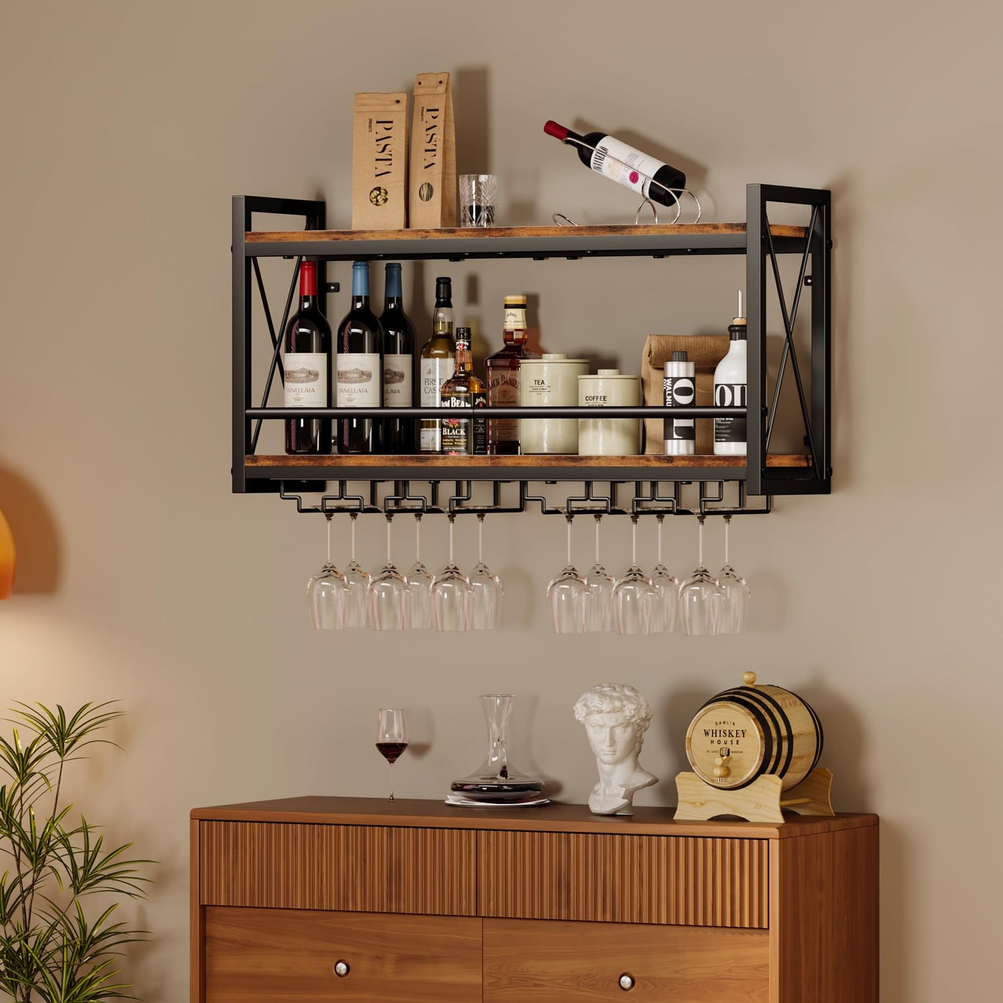 Homeiju Wall Mounted Wine Rack, Bottle & Glass Holder Wood-Metal Retro Wine Rack, Wine Bottles Display Wall Storage for Kitchen Dining Room Home Bar
