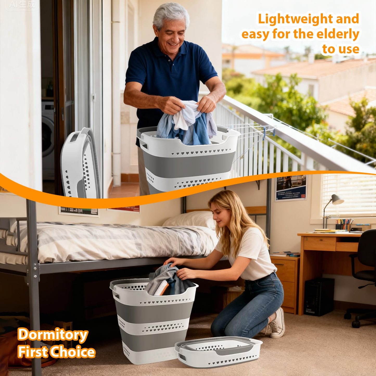 2 Pcs 42L Medium Collapsible Plastic Laundry Basket with Handles, Foldable Laundry Basket Hamper, Pop Up Storage Container Organizer for Washing Storage (Gery, 17 Inch * 13 Inch * 15 Inch)