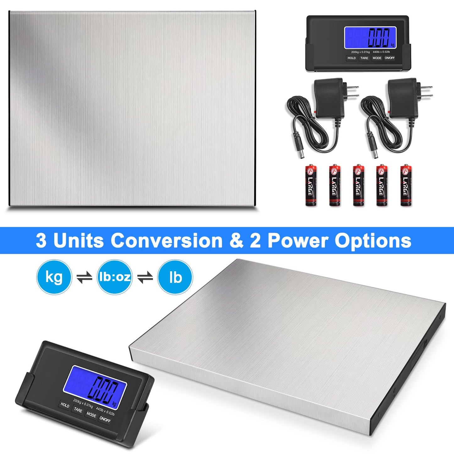 THINKSCALE 440lbs/10g Shipping Scale, Wireless LCD Displays, Heavy Duty Weight Scale Postal Scale, Stainless Steel Large Platform, Scale for Packages, Luggage Scale