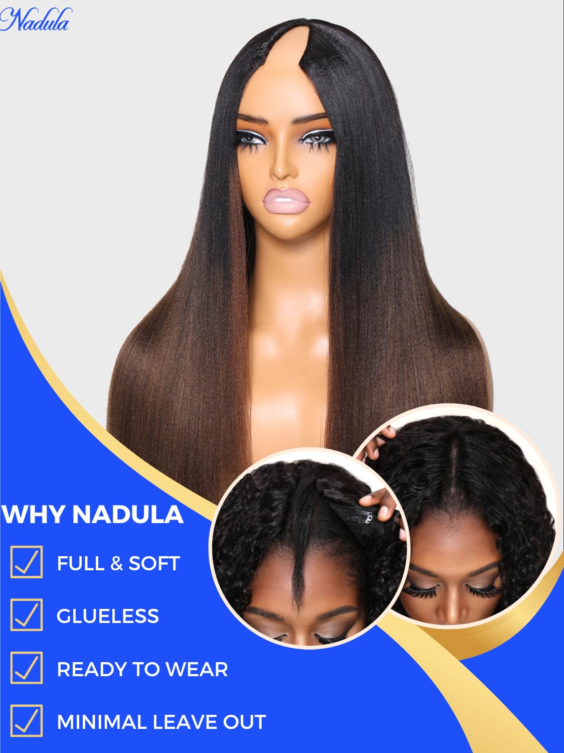 Nadula V Part Yaki Straight Glueless Wig Human Hair Balayage Brown Upgraded U Part Wigs, Highlight Straight V-part Wigs V Shape Clip in Half Wig No Glue Wear and Go No Leave Out 16inch
