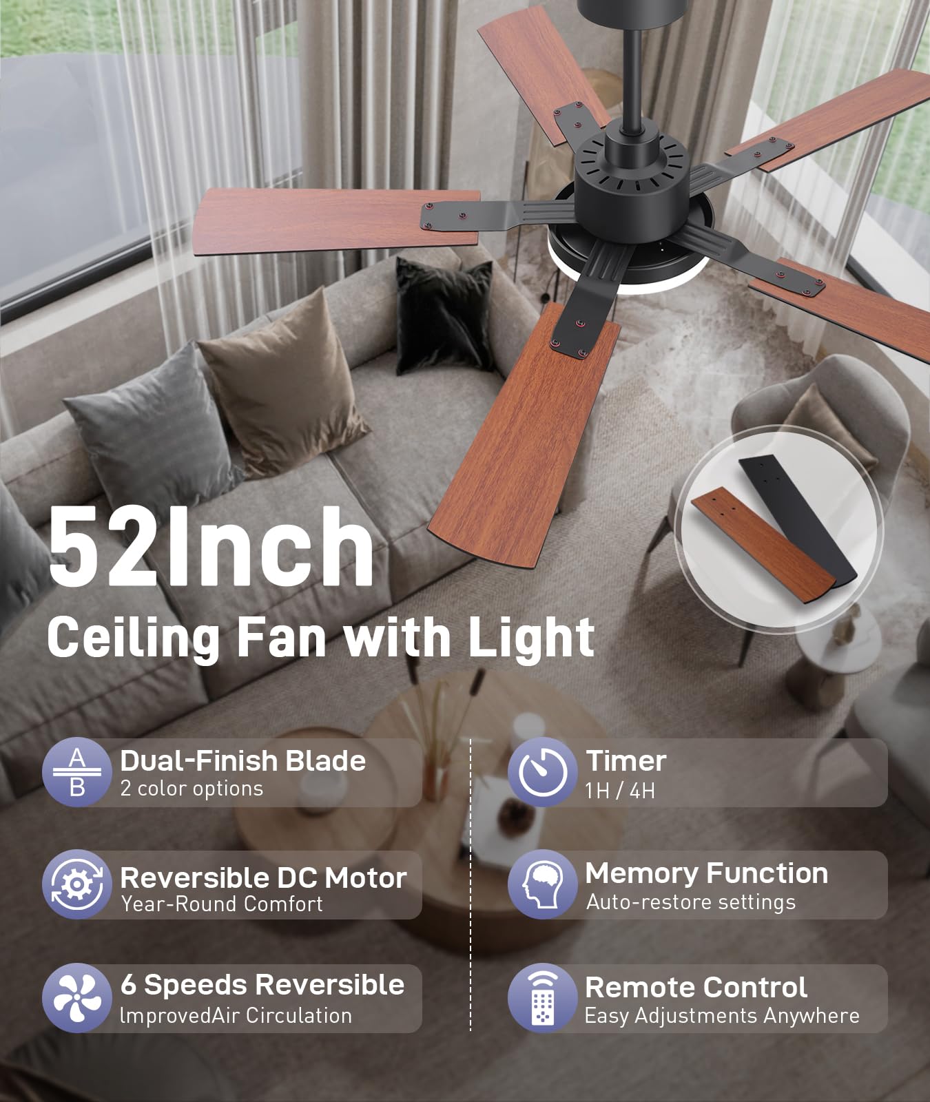 ZYD Ceiling Fan Lights, 52" Ceiling Fans with Lights and Remote, Farmhouse Ceiling Fans with Light Quiet Reversible DC Motor, Dual-Finish LED Ceiling Fan Light for Living Room, Bedroom, Kitchen