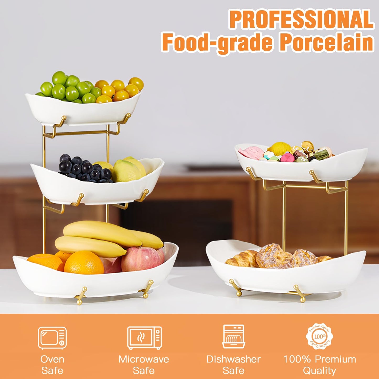 HOMKULA 2 Tier Ceramic Fruit Bowl for Kitchen Counter, Tiered Fruit Basket for Countertop, Modern Multi Layer Fruit Display Stand for Party, Cute (Gold&White, Large)