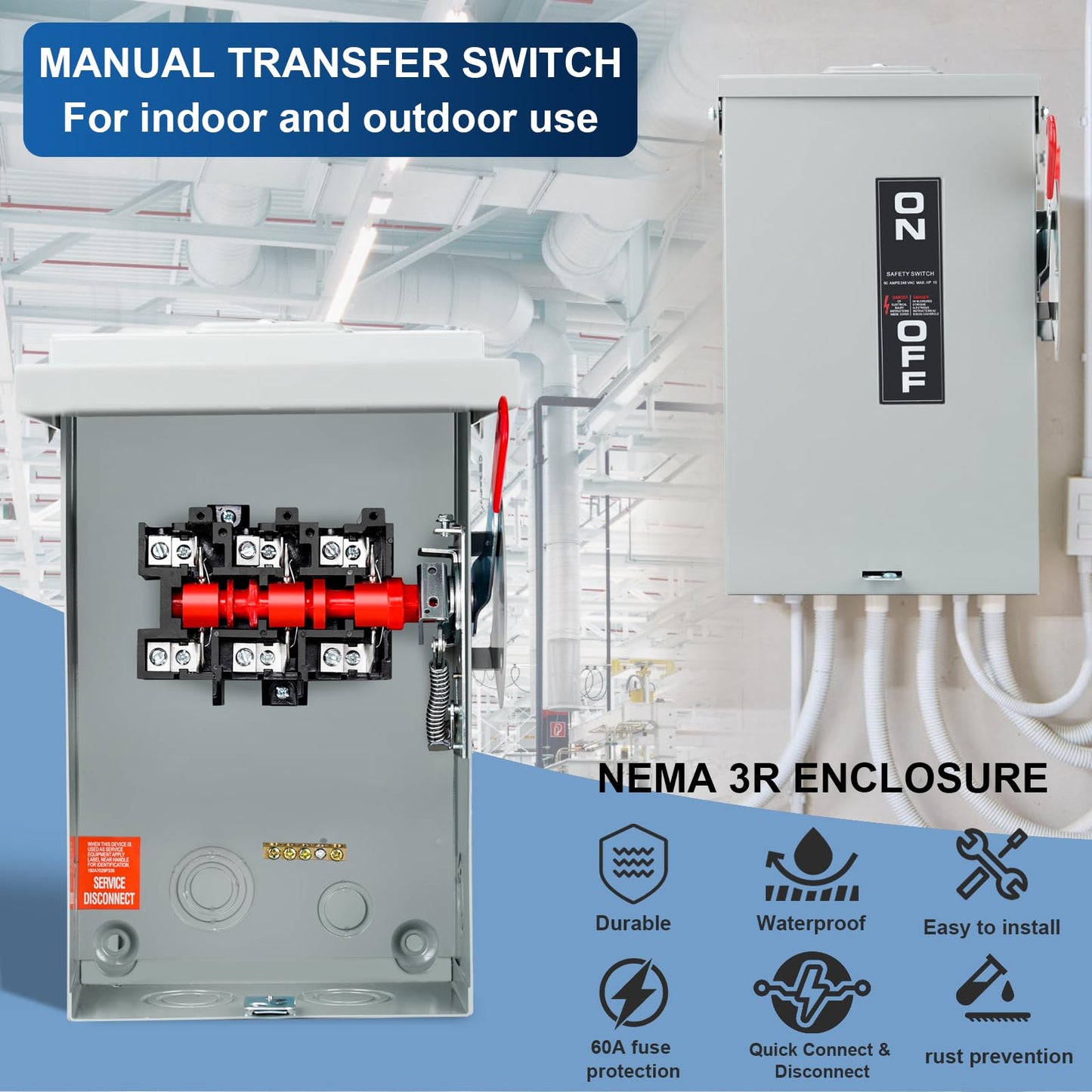 3P 60Amp 240V 3 Wire Heavy Duty Safety Switches，Ac Disconnect Switches Box，Quick Disconnect Safety Switch