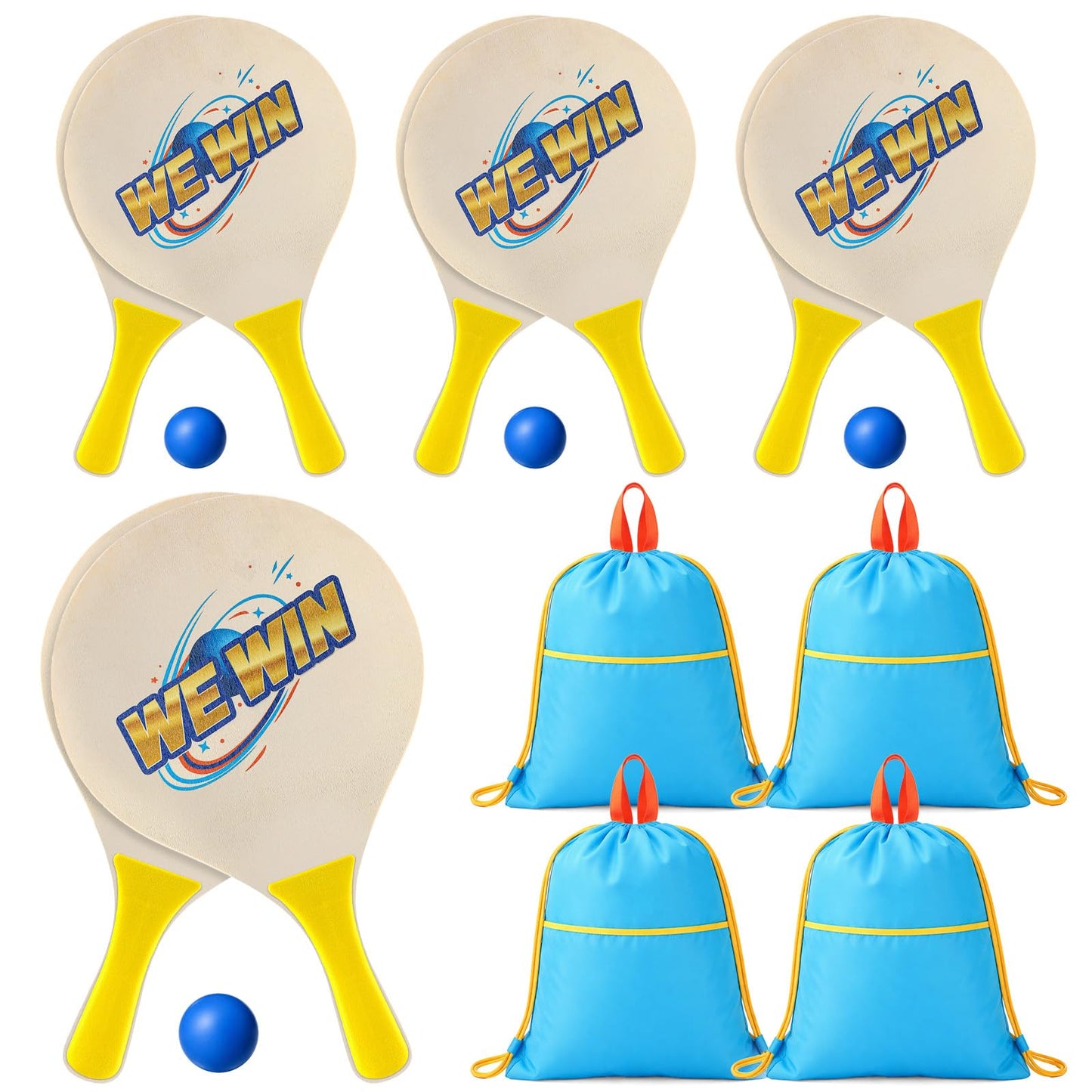 Junkin 4 Pairs Beach Paddle Ball Racket Set with 8 Rackets 4 Paddle Ball and 4 Drawstring Bag Paddleball Rackets for Indoor Outdoor Beach Game Yard Lawn Party Supplies
